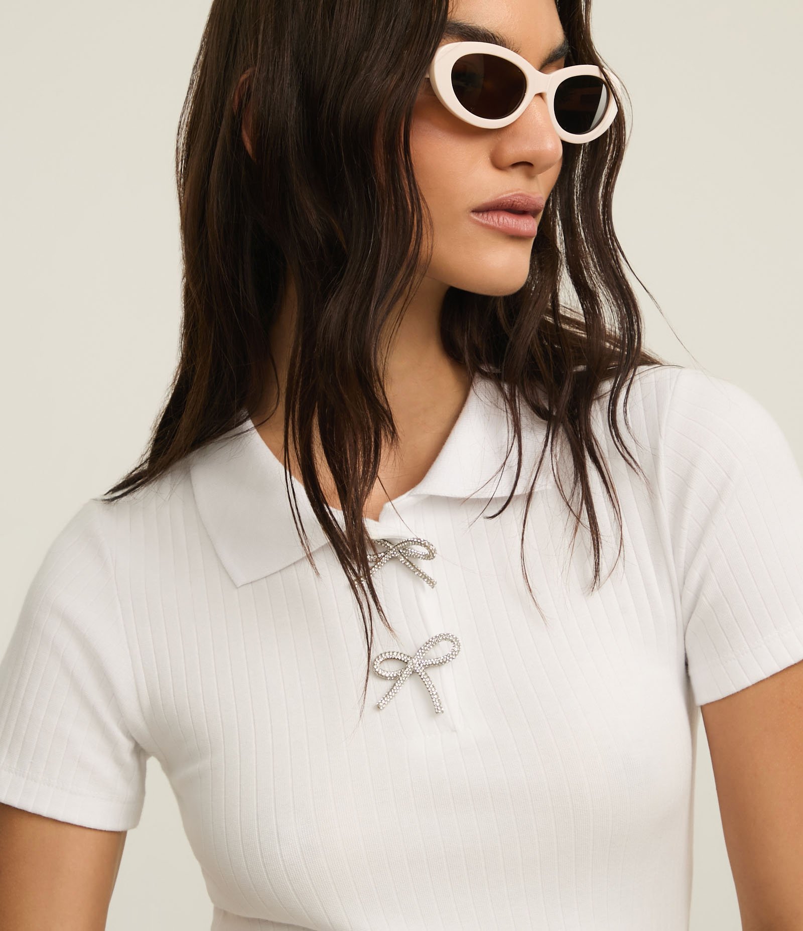 Blusa Canelada em Algodão com Laços Brilhantes Branco 4