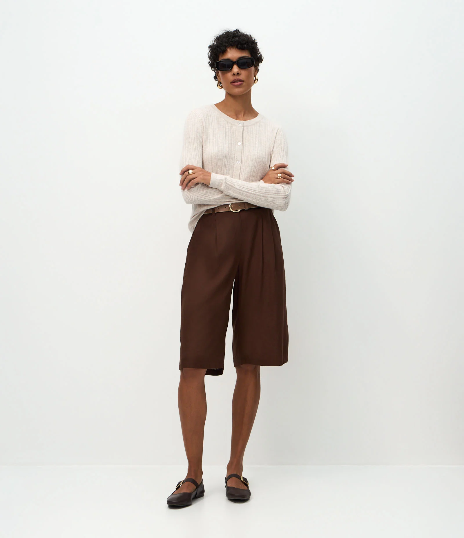 Cardigan Básico Ajustado em Tricô Canelado Bege 2