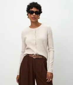 Cardigan Básico Ajustado em Tricô Canelado