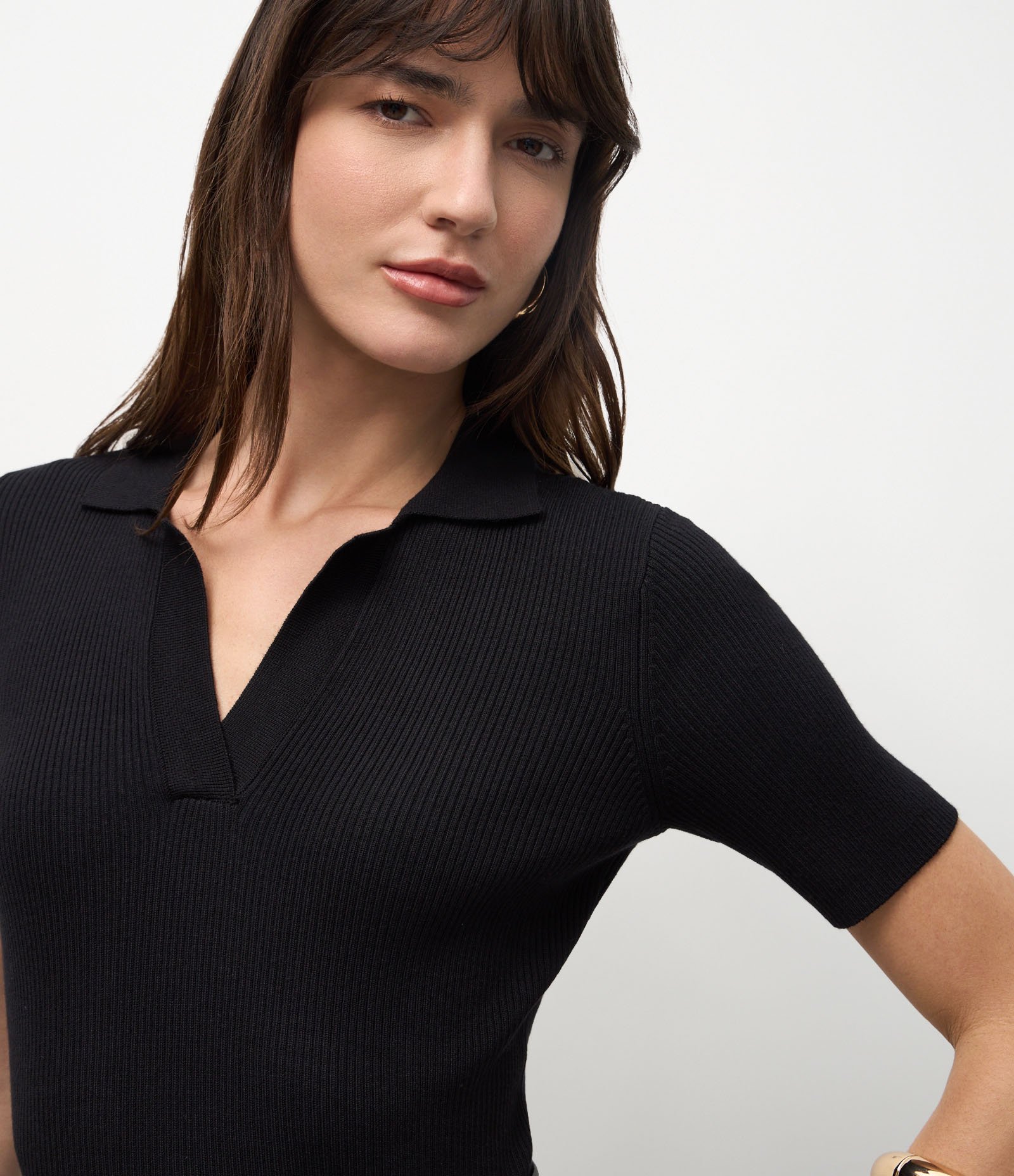 Blusa Regular em Tricô com Gola Polo Canelada Preto 3