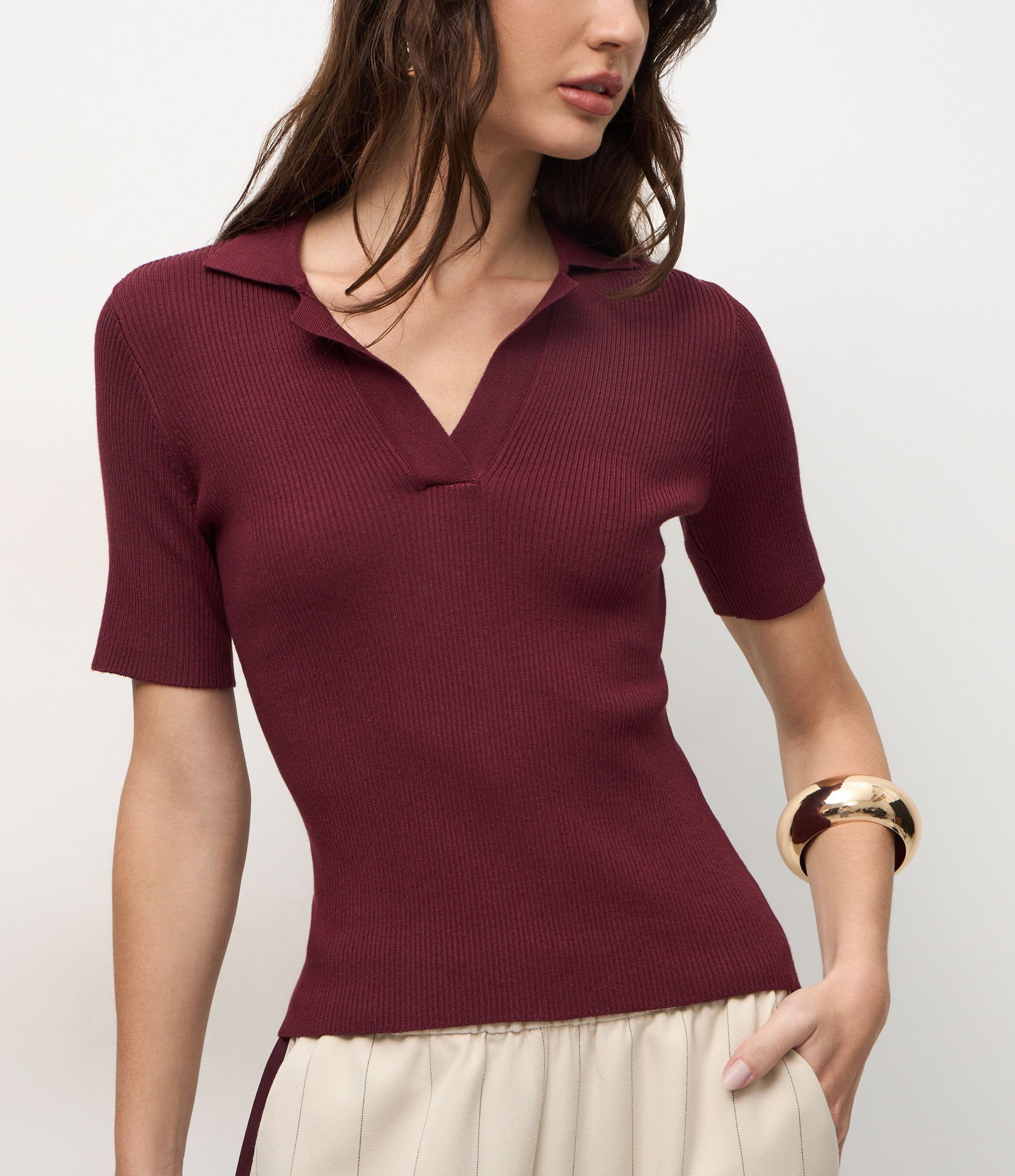 Blusa Regular em Tricô com Gola Polo Canelada Vermelho 4