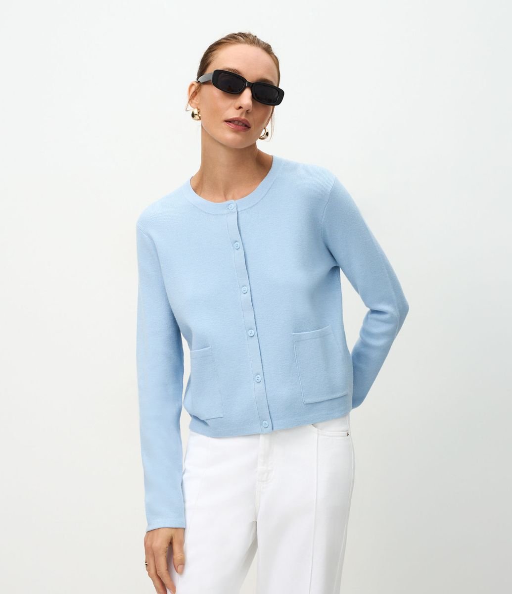 【あおい】 Cardigan em Tricô com Bolsos Frontais Azul