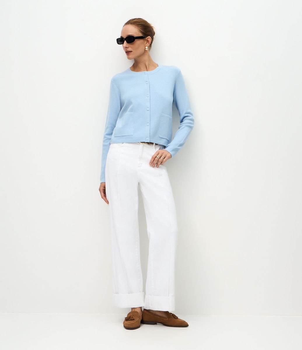Cardigan em Tricô com Bolsos Frontais Azul