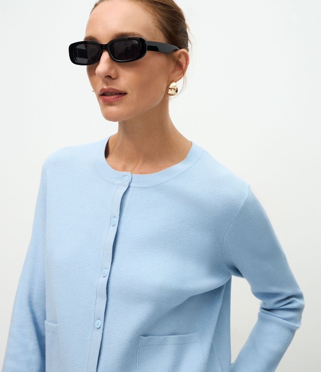 Cardigan em Tricô com Bolsos Frontais Azul