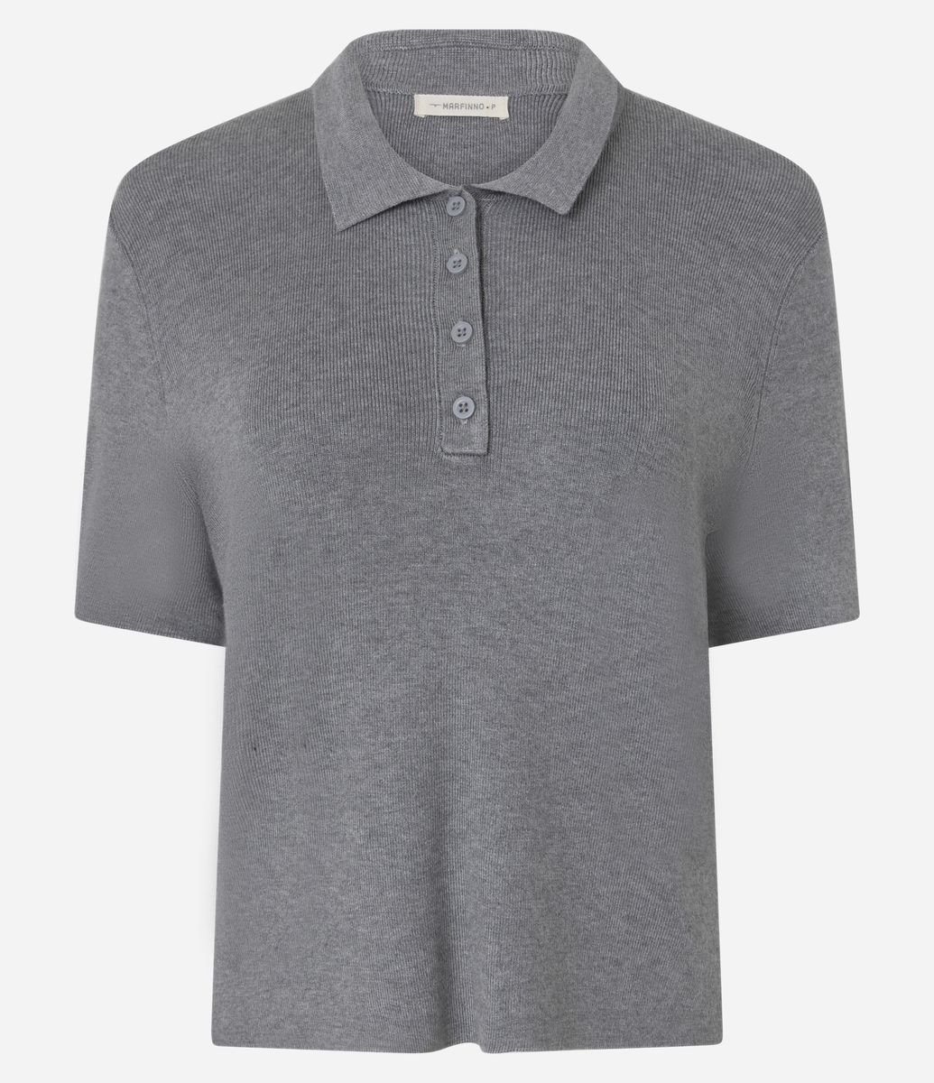 Blusa em Tricô com Manga Curta e Gola Polo Cinza