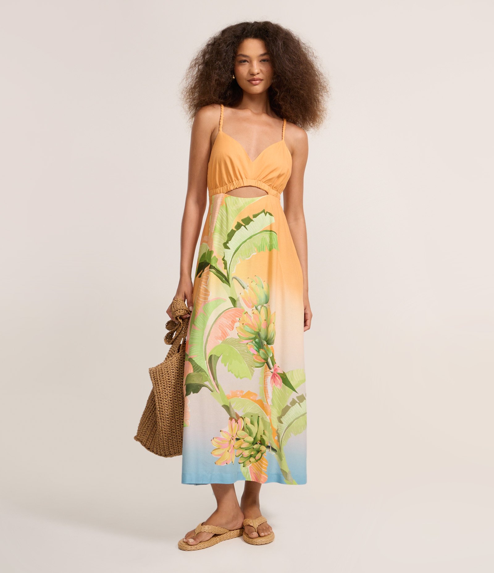 Vestido Evasê New Midi em Viscolinho com Estampa Bananeira Multicores 1