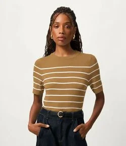 Blusa Manga Curta em Tricô com Estampa Listrada