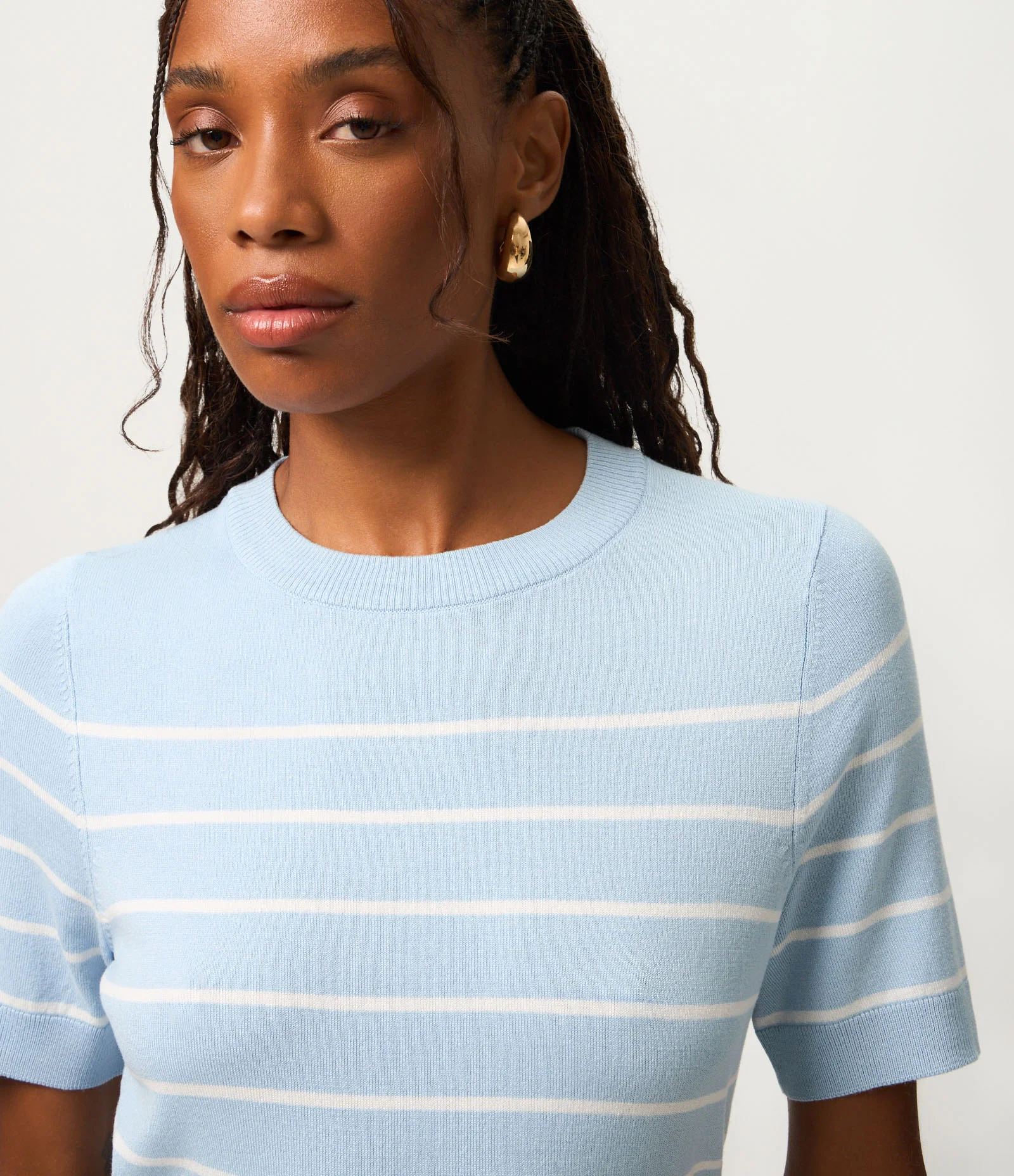 Blusa Manga Curta em Tricô com Estampa Listrada Azul 1