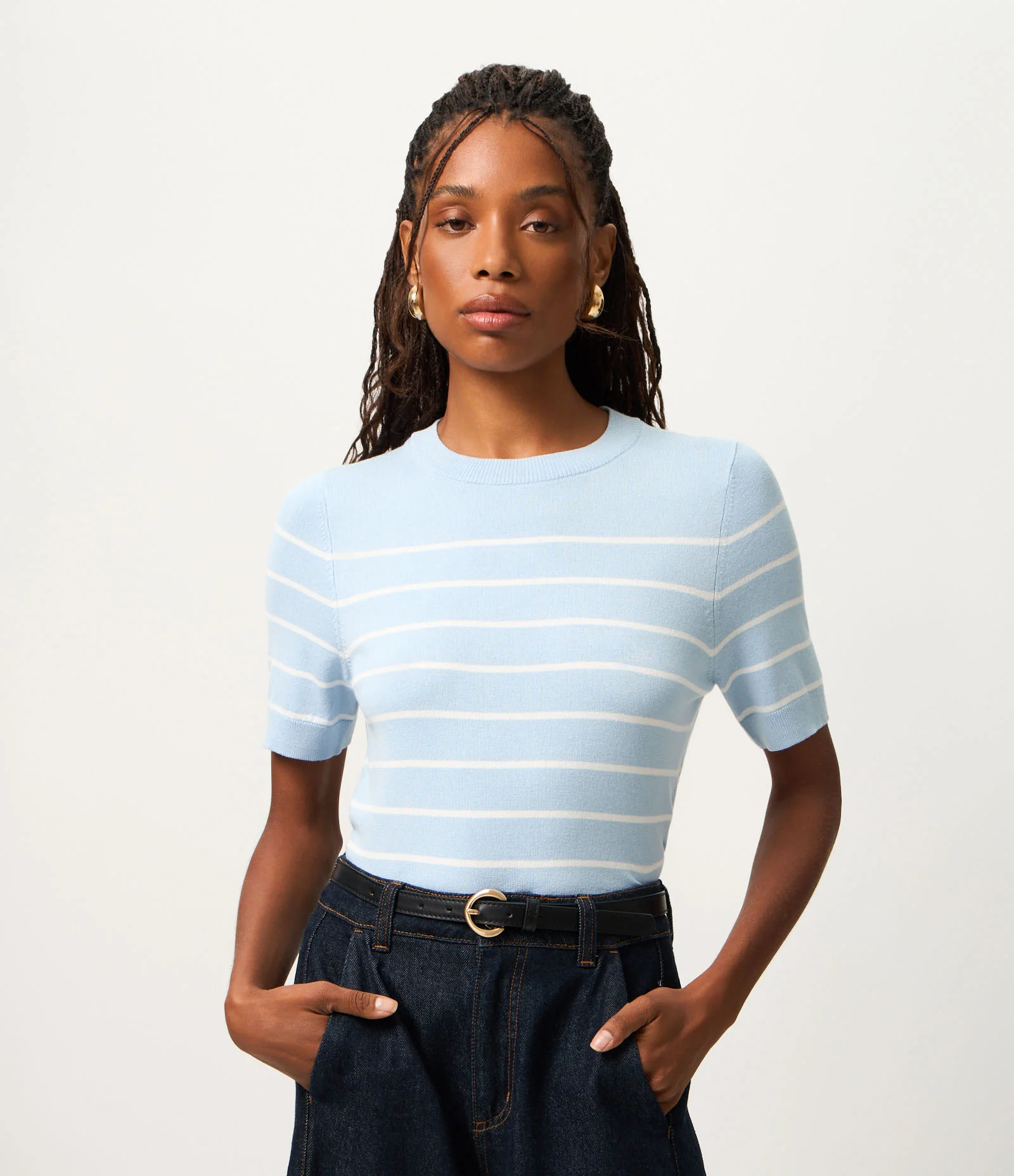 Blusa Manga Curta em Tricô com Estampa Listrada Azul 2