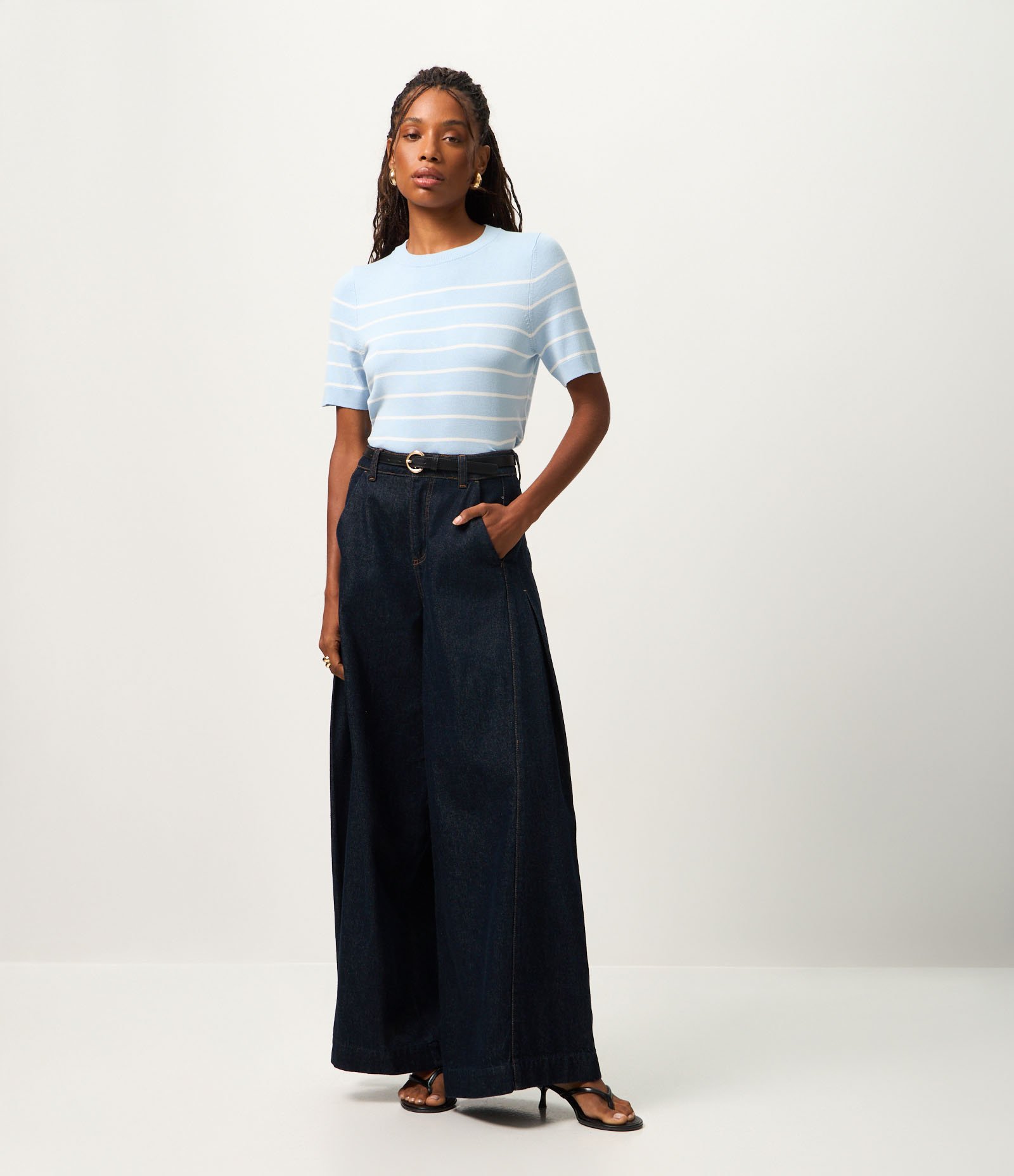 Blusa Manga Curta em Tricô com Estampa Listrada Azul 3