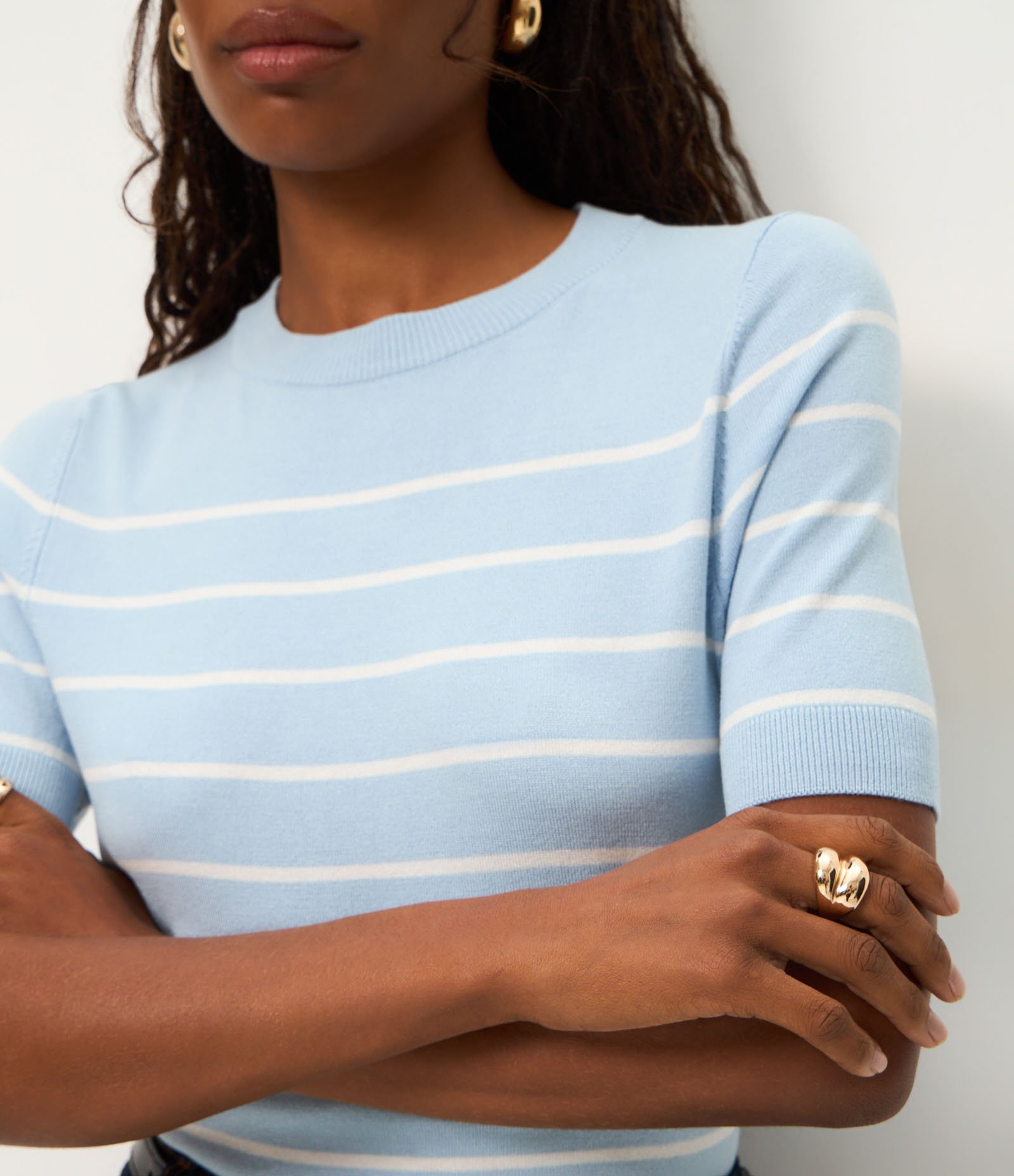 Blusa Manga Curta em Tricô com Estampa Listrada Azul 4