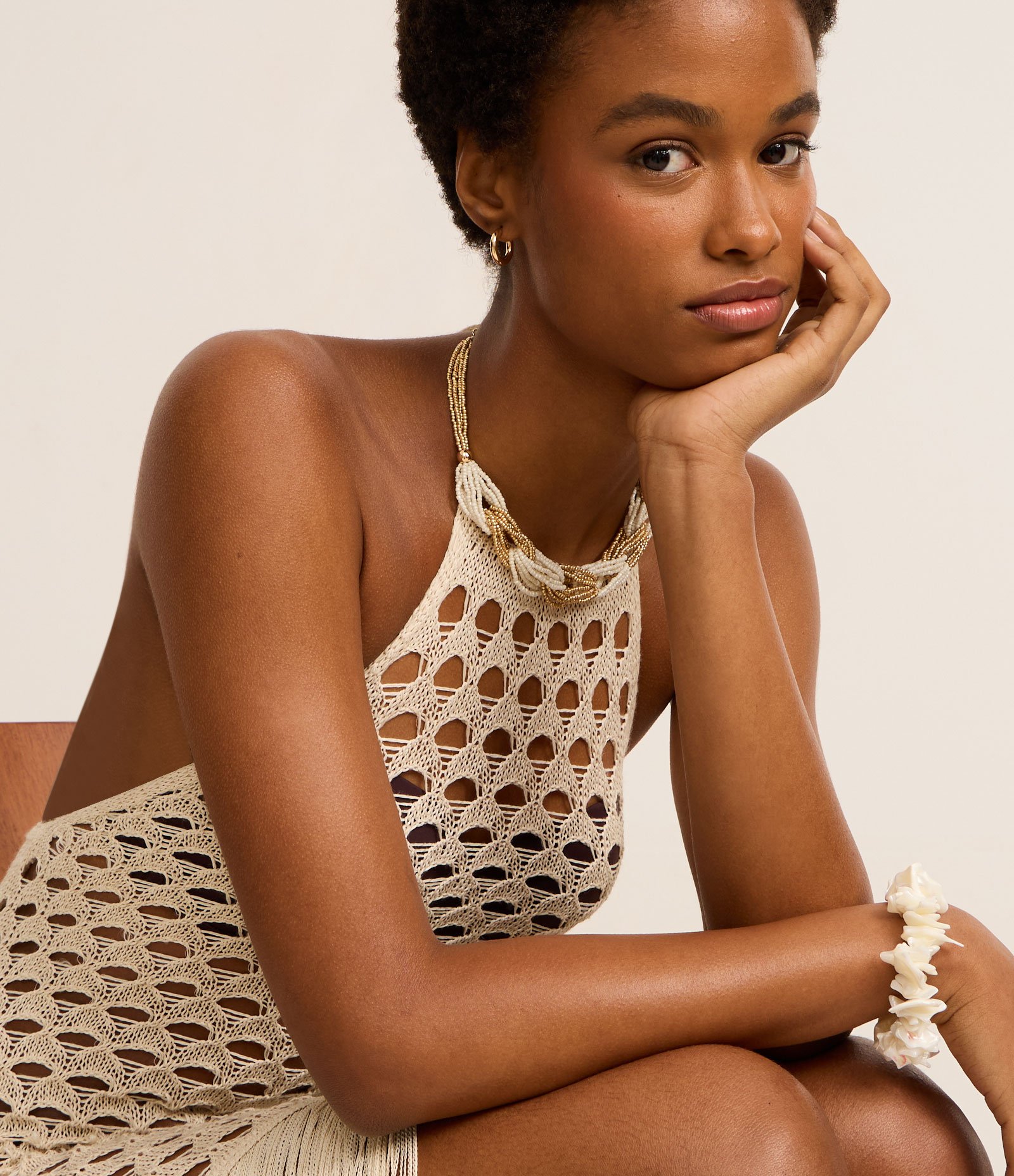 Saída de Praia Vestido em Crochê com Franjas Bege 3