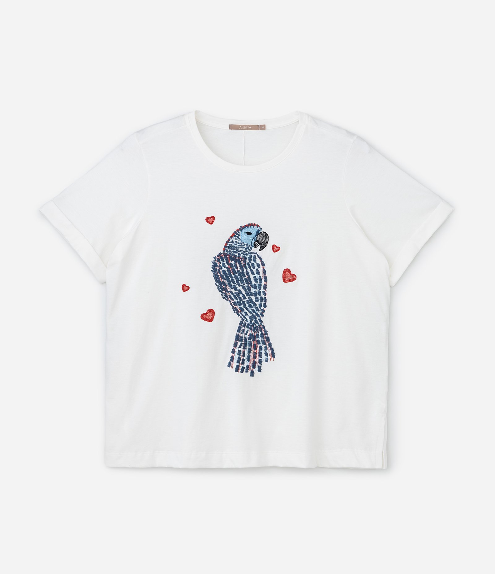 Camiseta em Algodão com Bordado de Arara com Manga Dobrada Curve & Plus size Off White 3