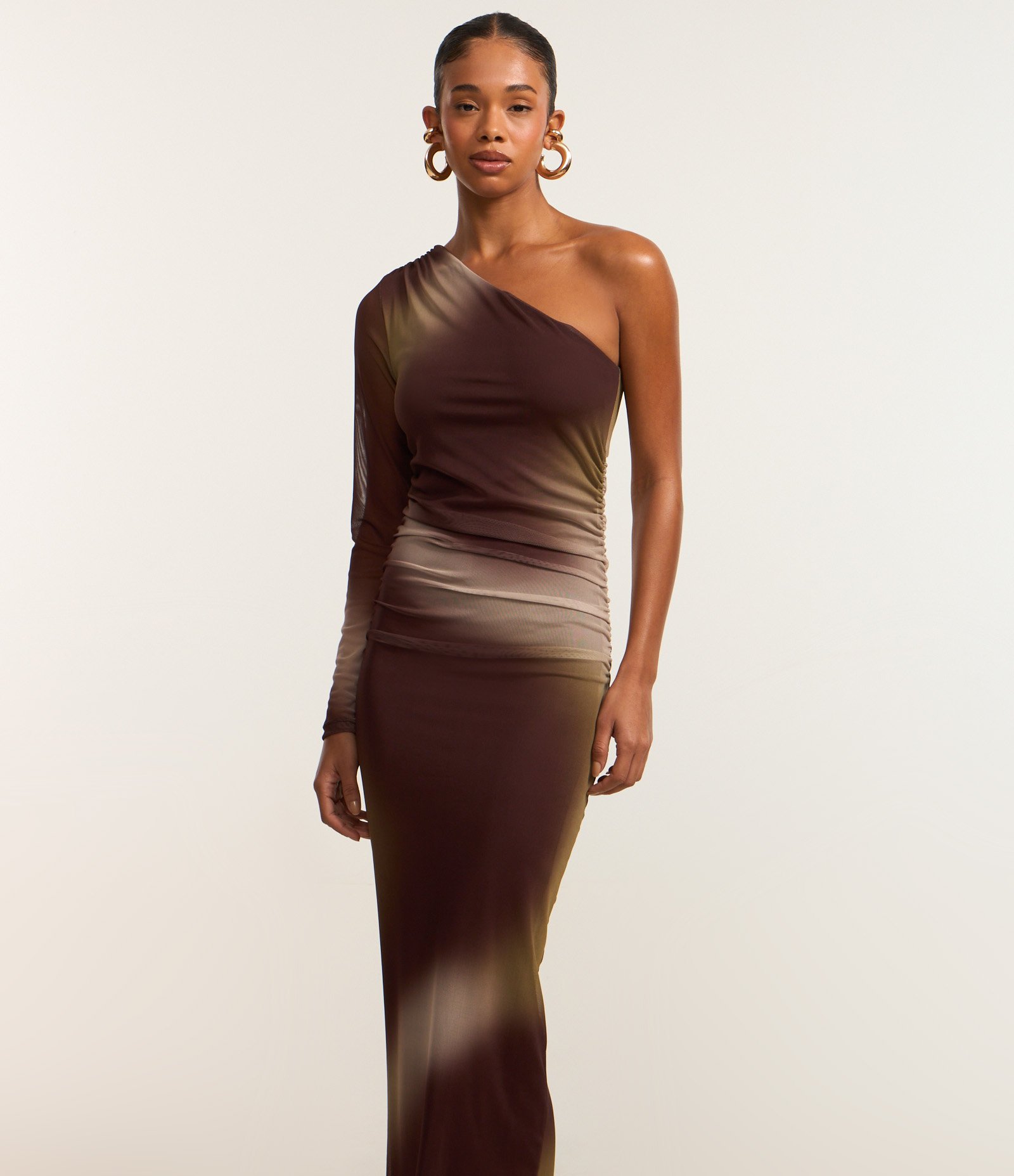 Vestido New Midi em Tule Manchado e Manga Longa Marrom 2