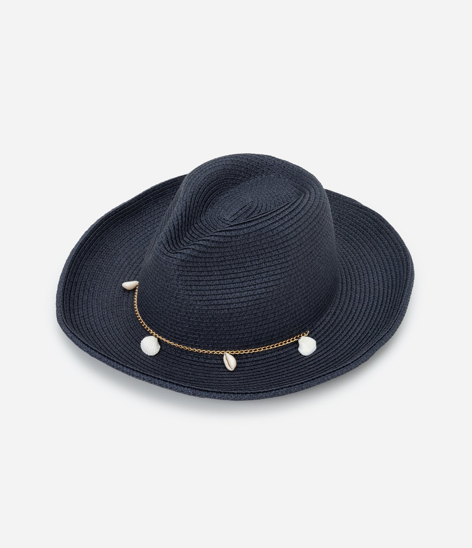 Chapéu Panamá de Palha com Corrente e Conchinhas Azul 1