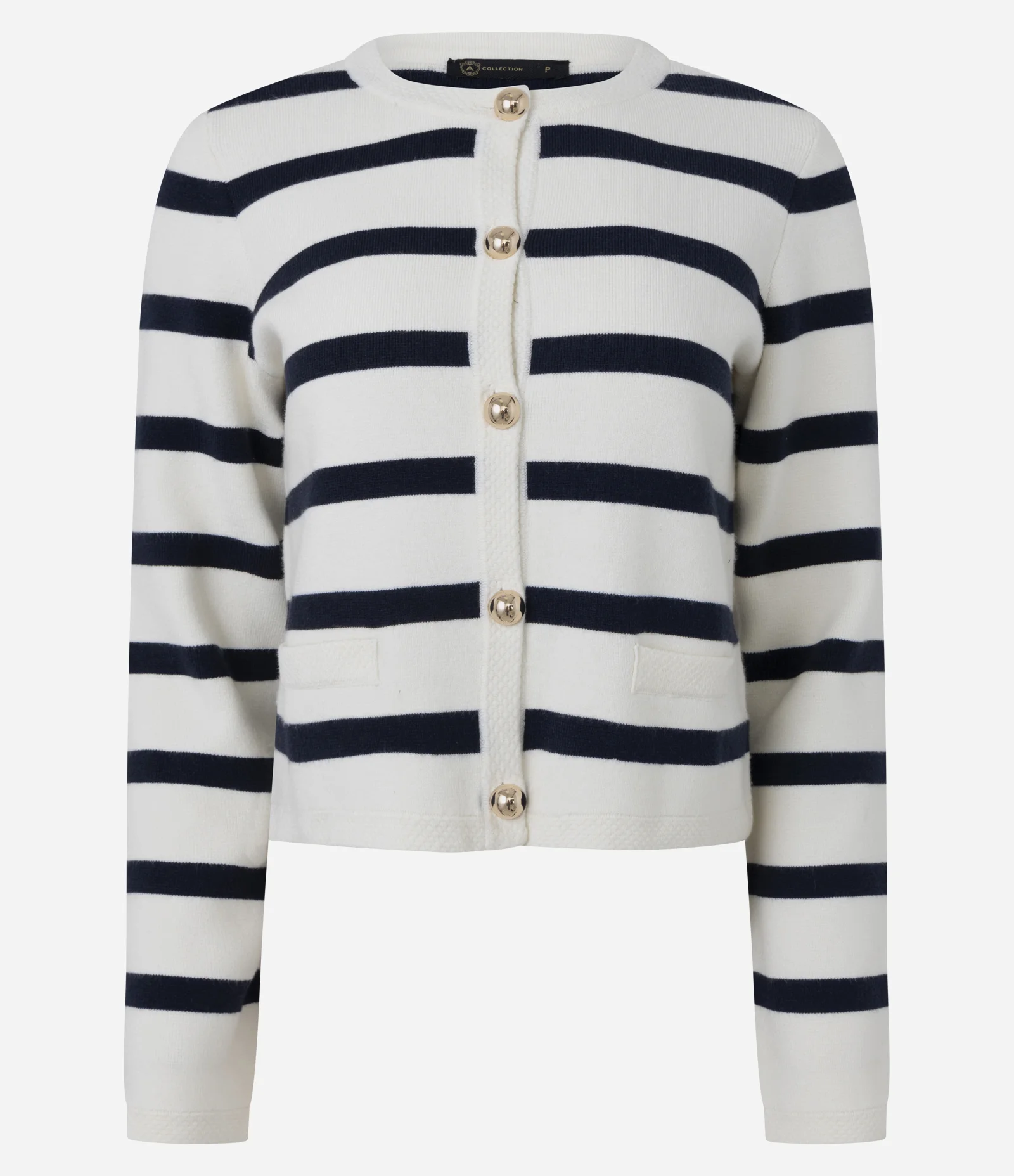 Cardigan Tricô Listrado com Botões Dourados Azul 1
