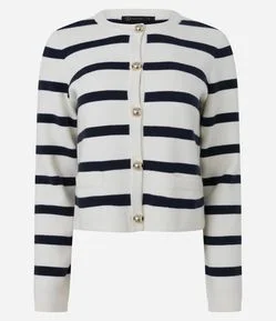 Cardigan Tricô Listrado com Botões Dourados