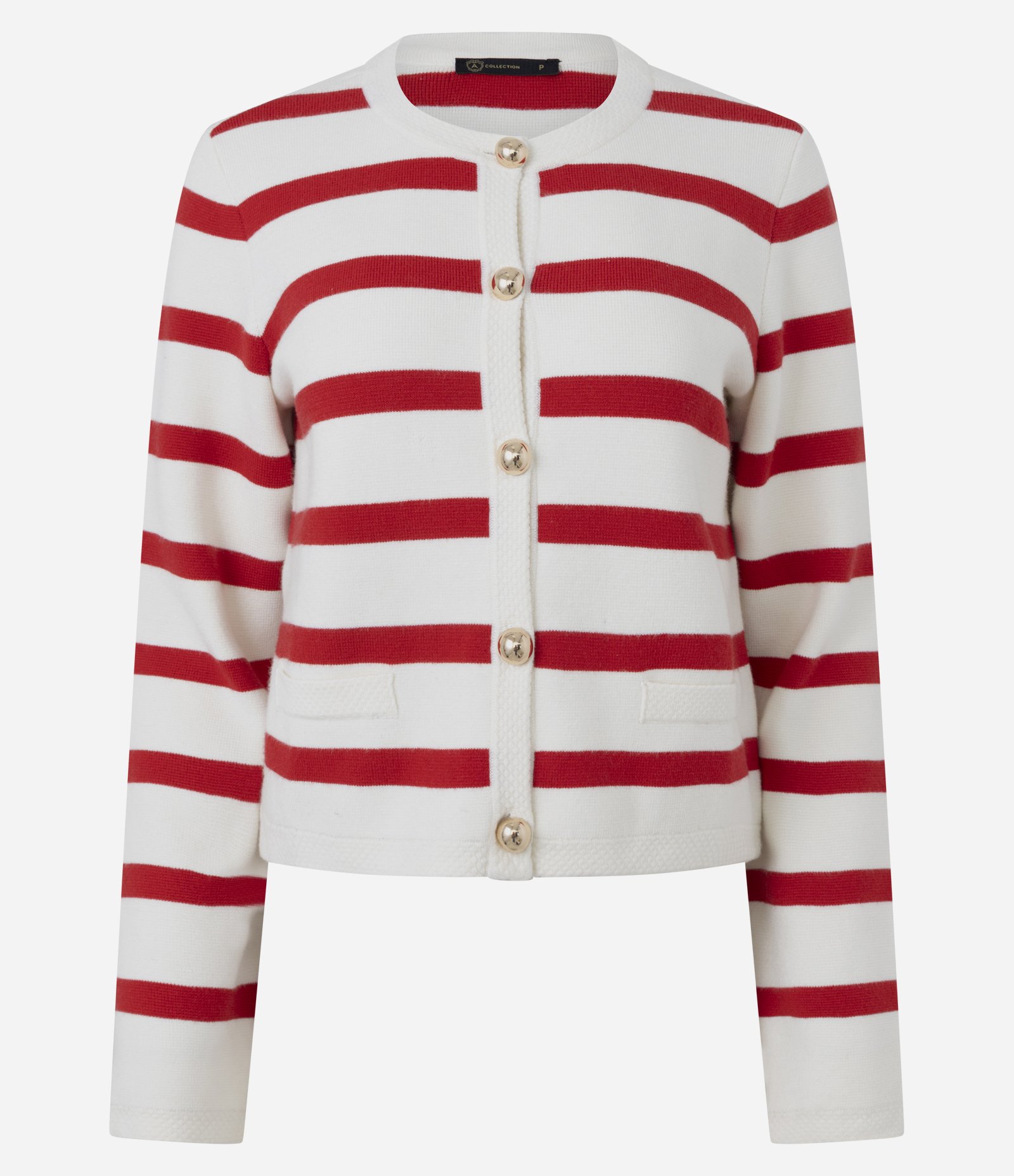 Cardigan Tricô Listrado com Botões Dourados Vermelho 1