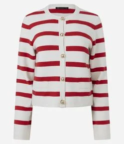 Cardigan Tricô Listrado com Botões Dourados