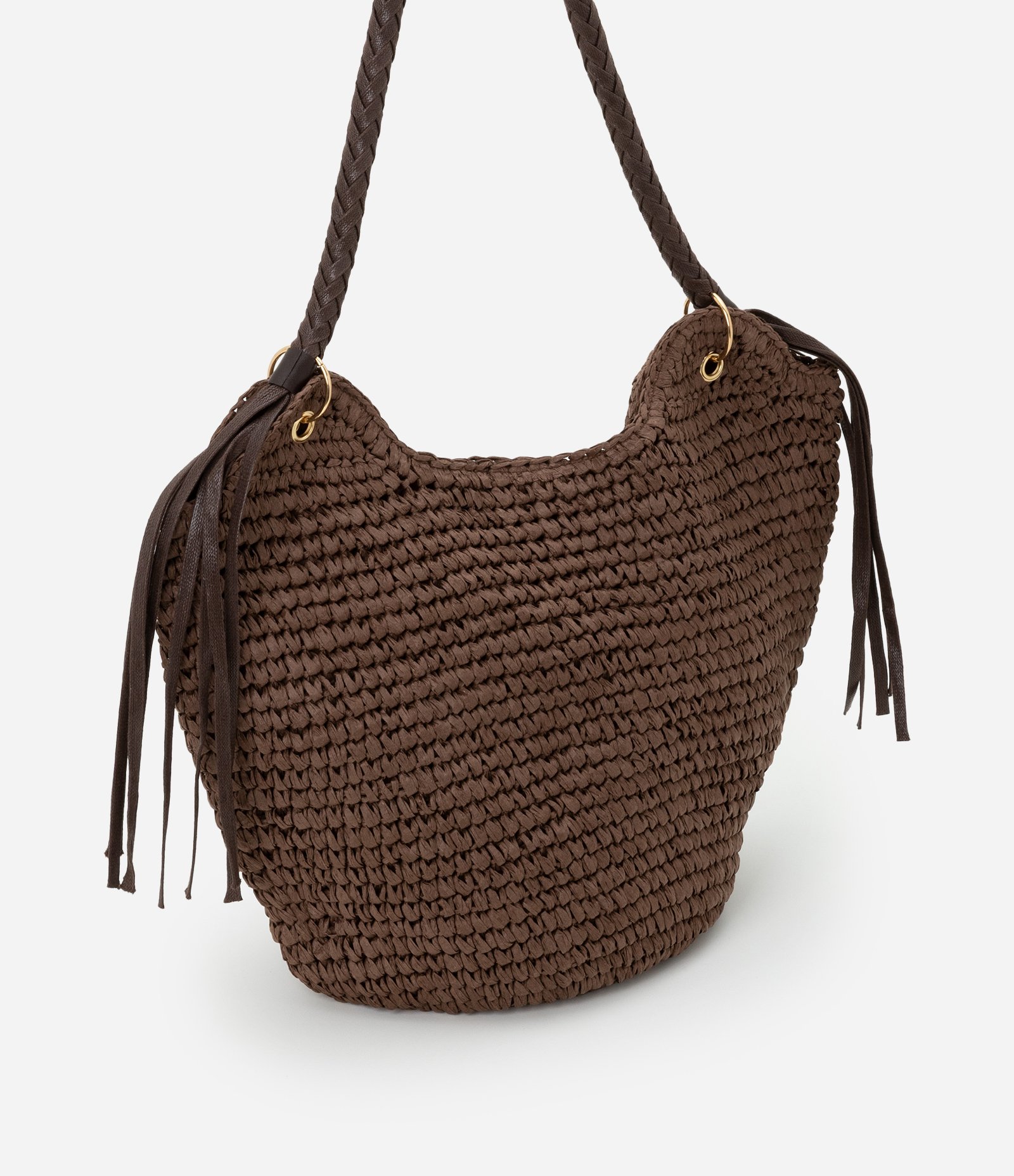 Bolsa de Praia com Alça Trançada e Franjas de PU Marrom 1