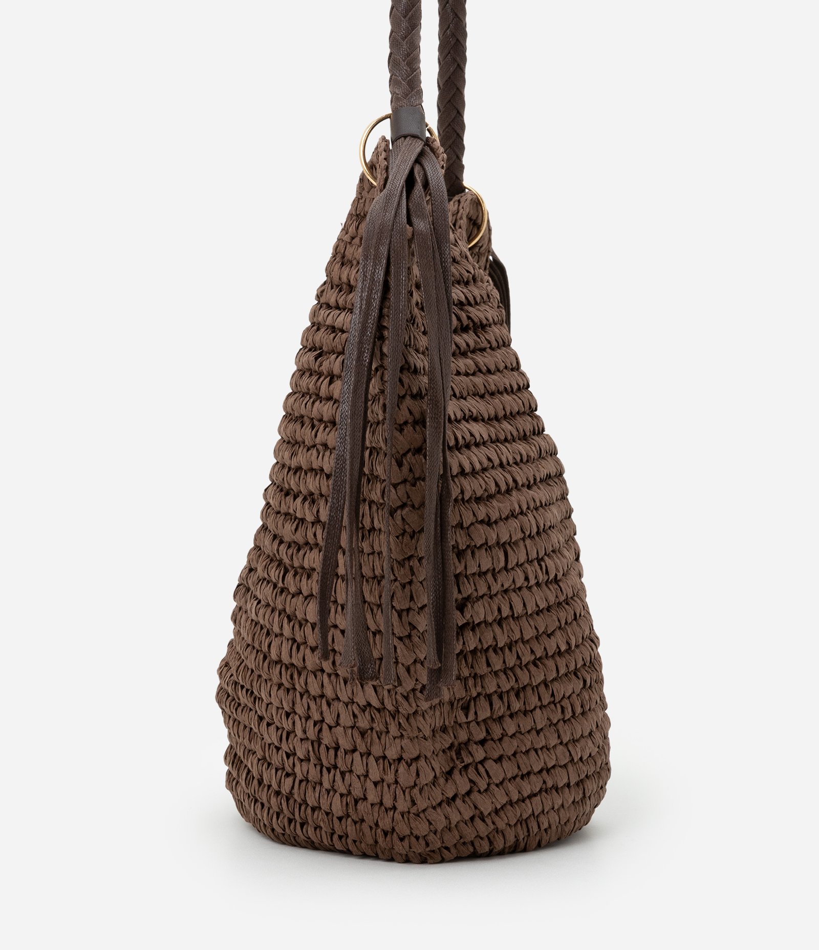 Bolsa de Praia com Alça Trançada e Franjas de PU Marrom 2