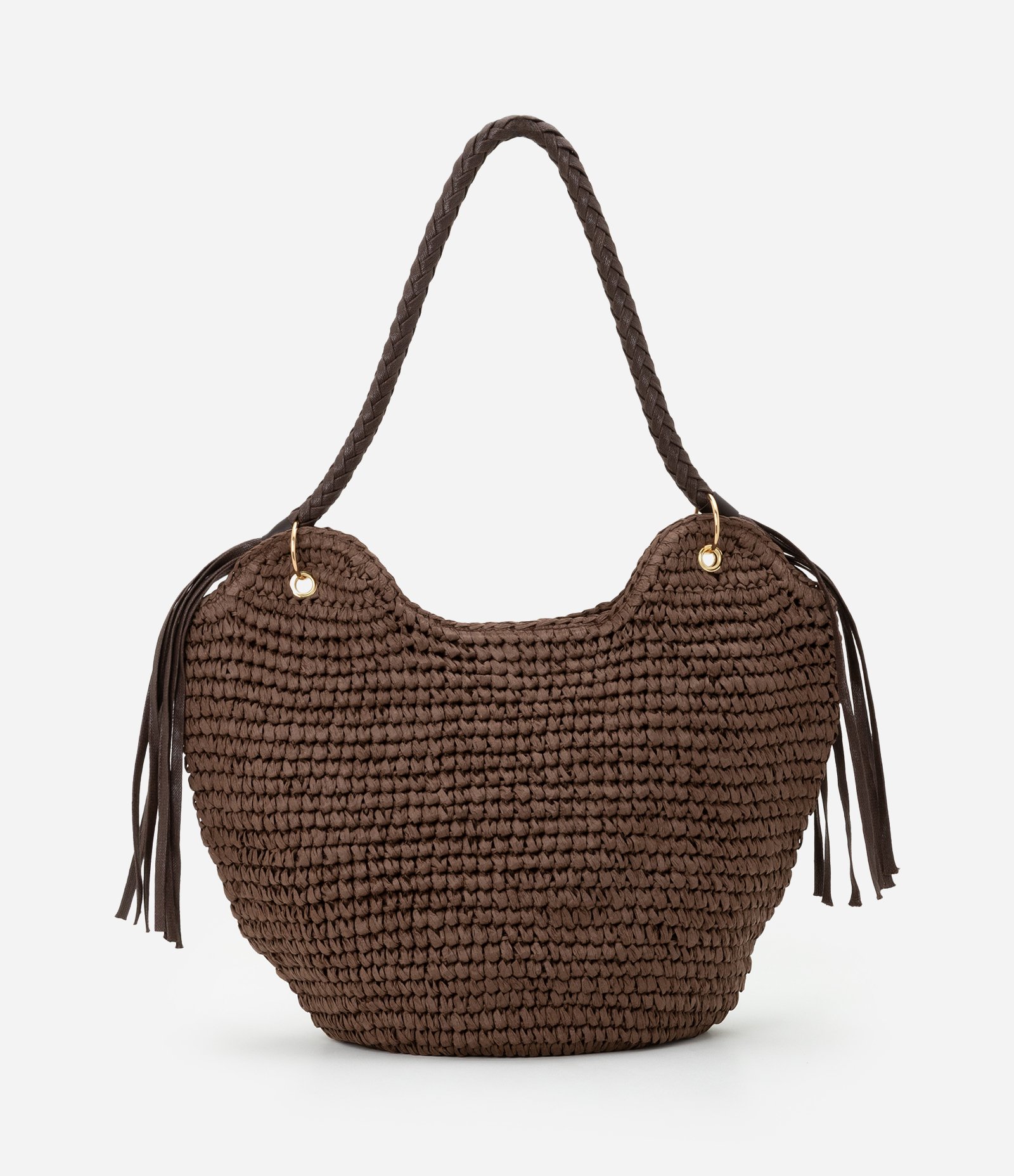 Bolsa de Praia com Alça Trançada e Franjas de PU Marrom 3