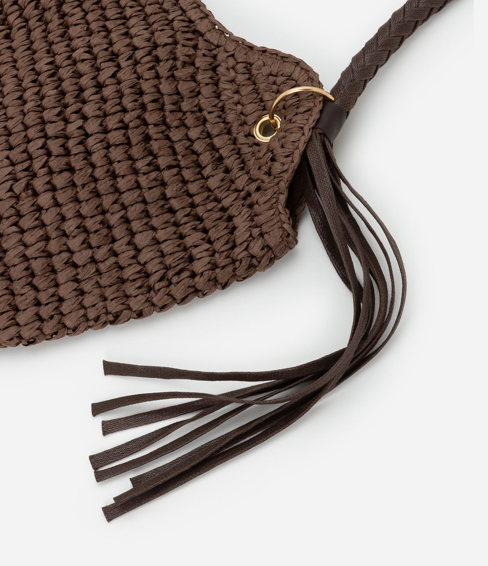 Bolsa de Praia com Alça Trançada e Franjas de PU Marrom 7