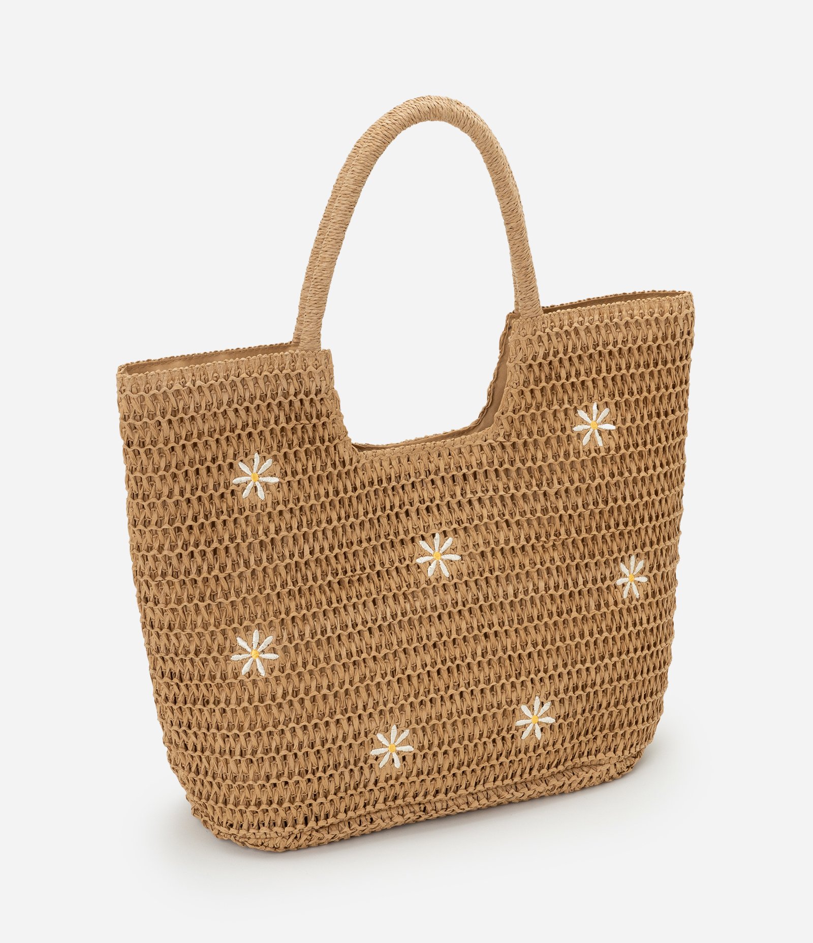 Bolsa de Praia em Palha com Bordado de Margaridas Bege 2