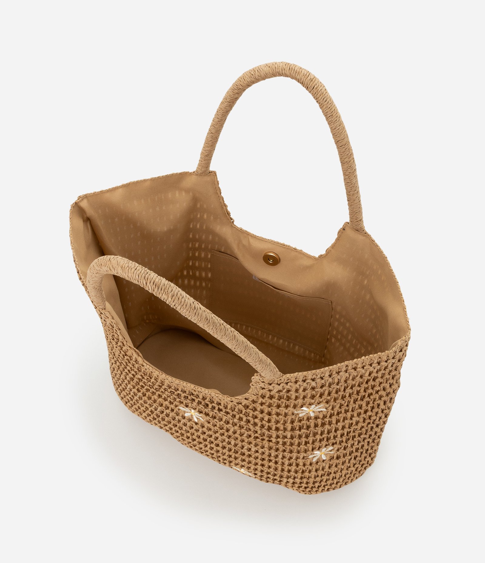 Bolsa de Praia em Palha com Bordado de Margaridas Bege 5