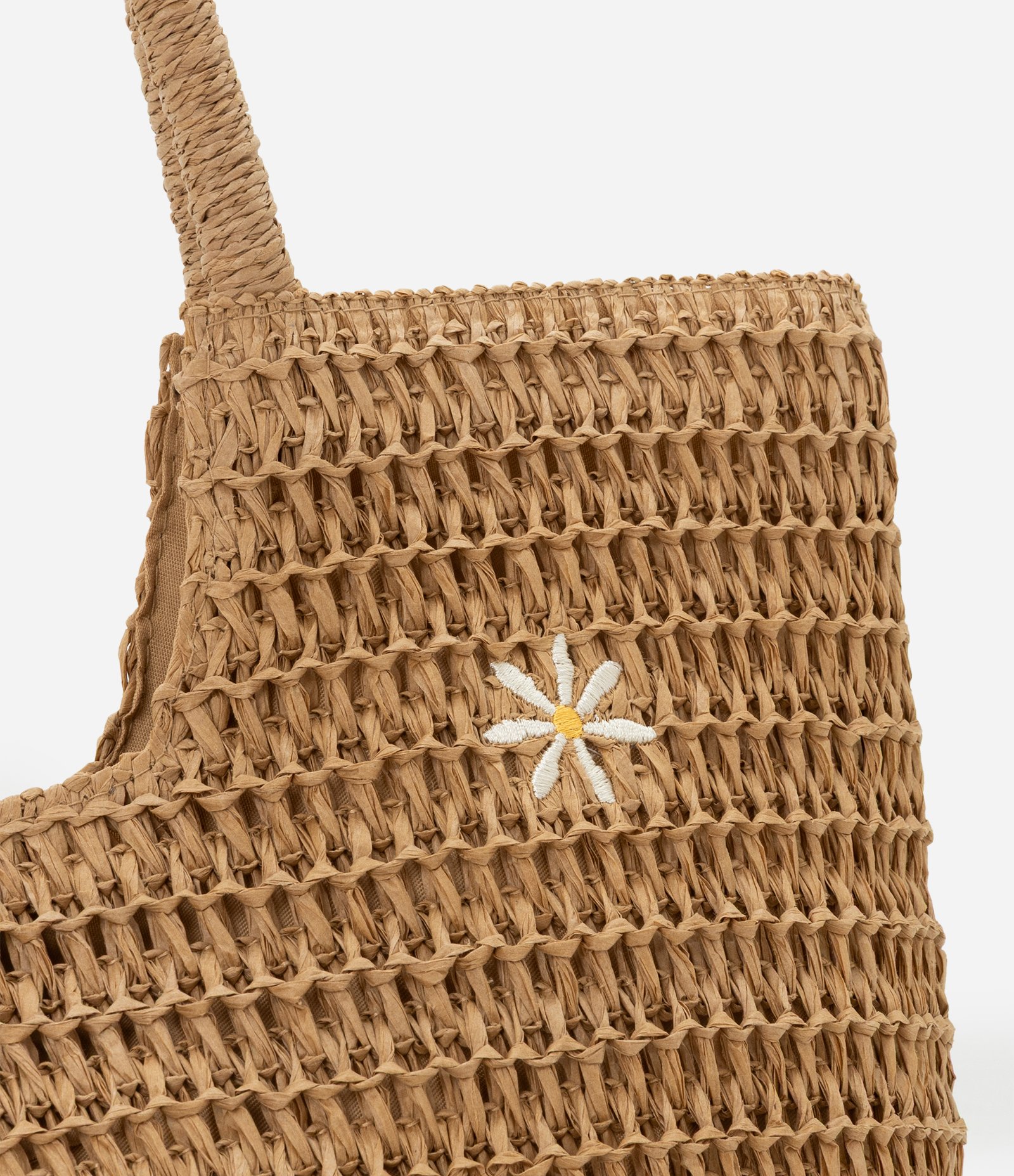 Bolsa de Praia em Palha com Bordado de Margaridas Bege 6