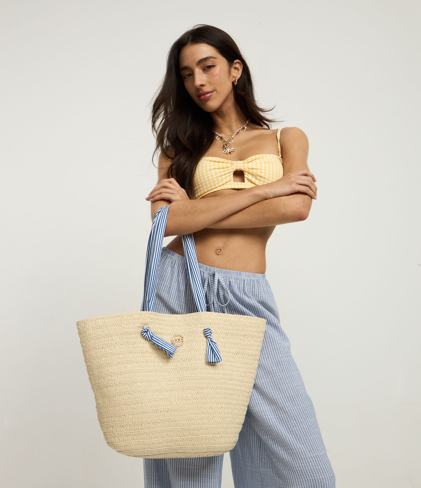 Bolsa de Palha com Alça e Forro de Tecido Listrado Bege 1