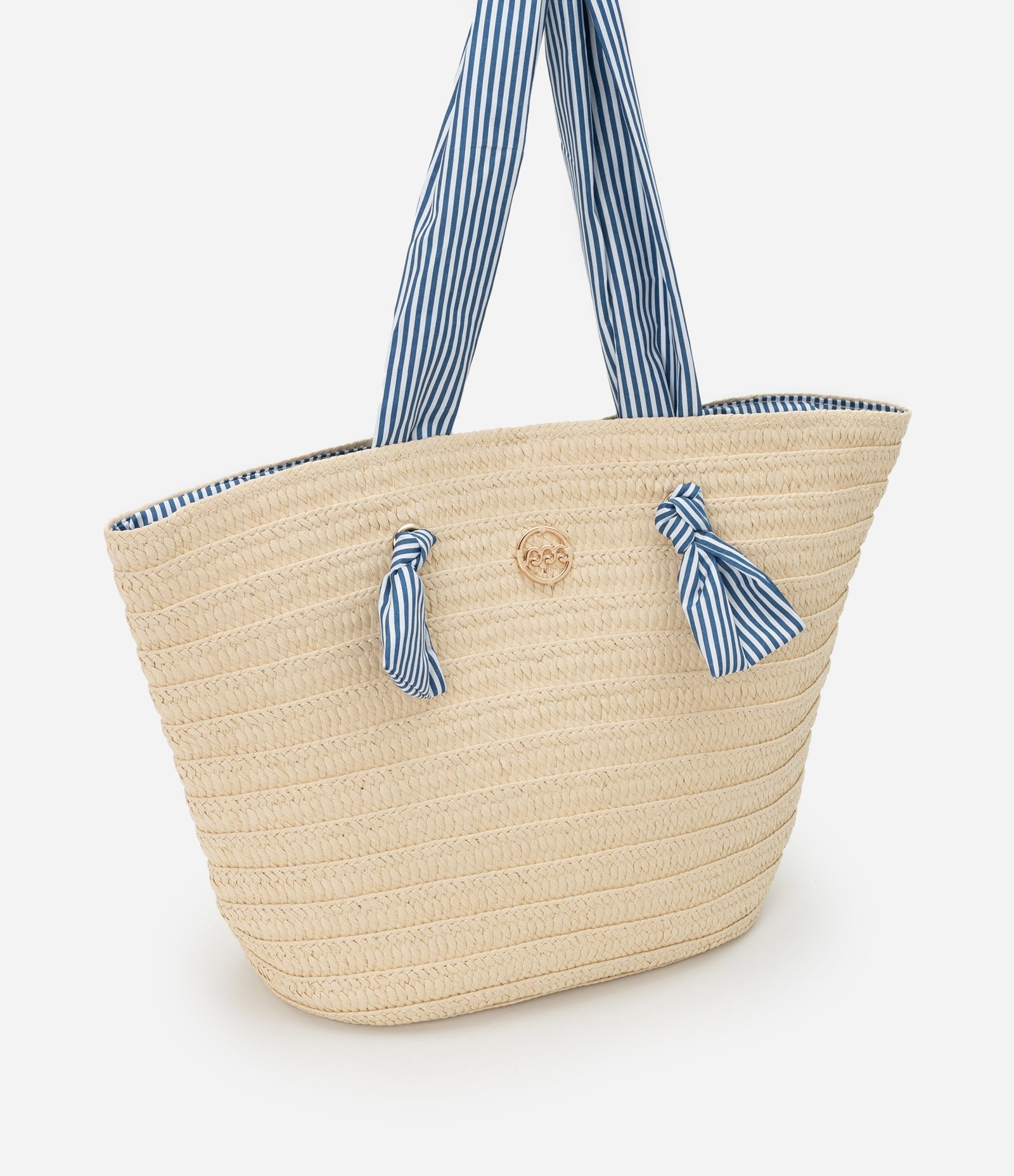 Bolsa de Palha com Alça e Forro de Tecido Listrado Bege 1