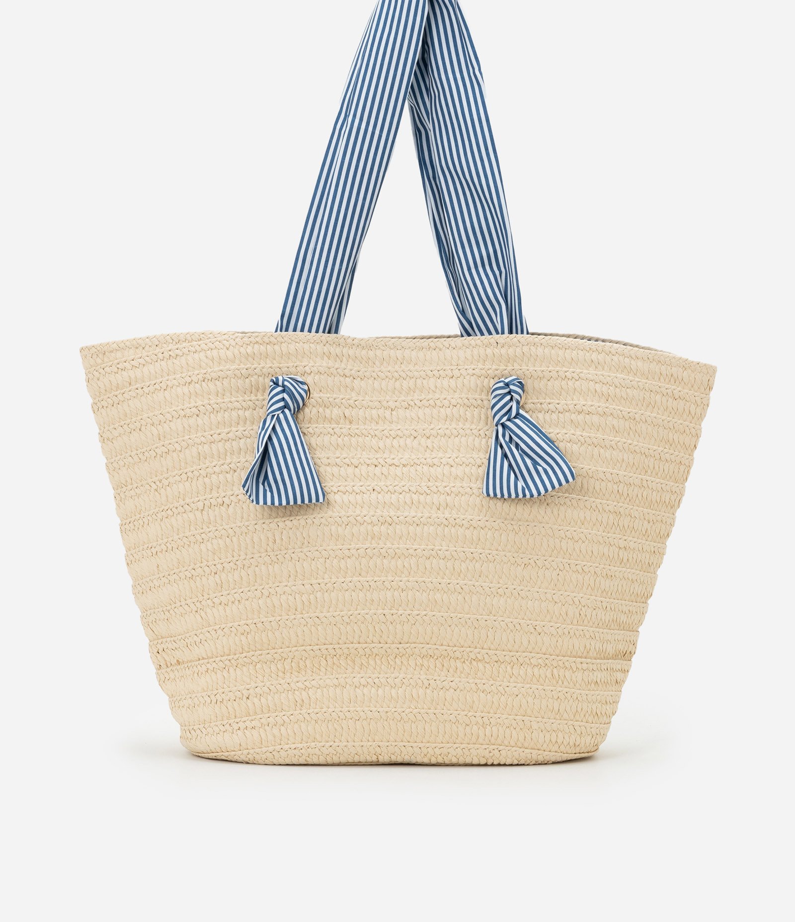 Bolsa de Palha com Alça e Forro de Tecido Listrado Bege 3