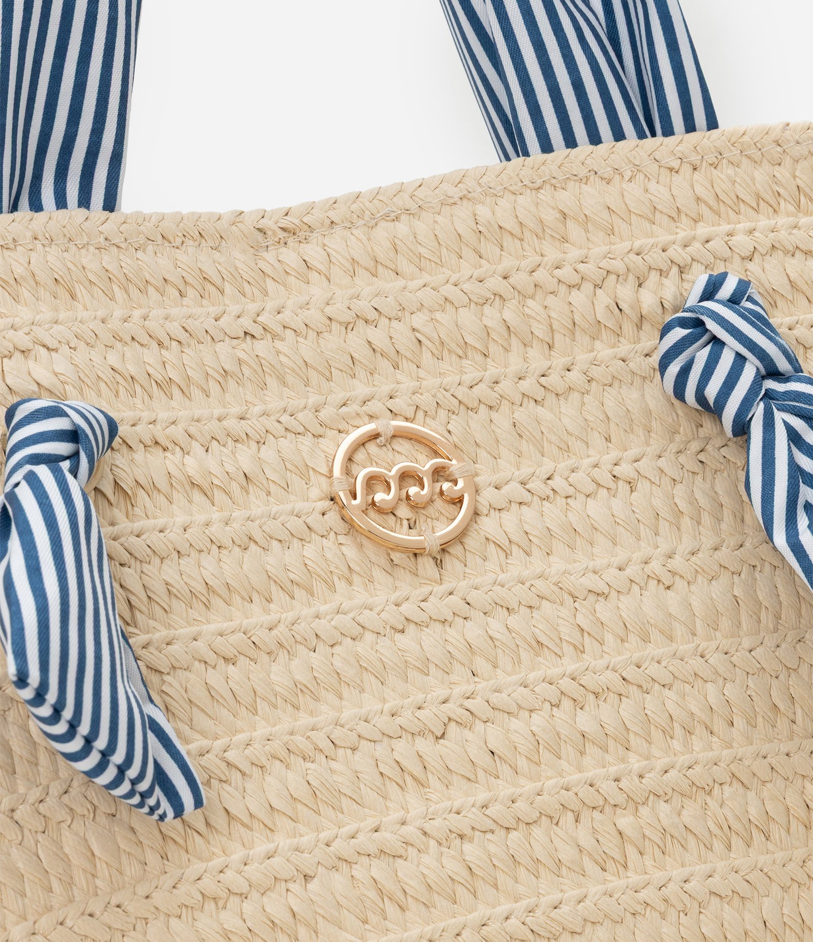 Bolsa de Palha com Alça e Forro de Tecido Listrado Bege 4