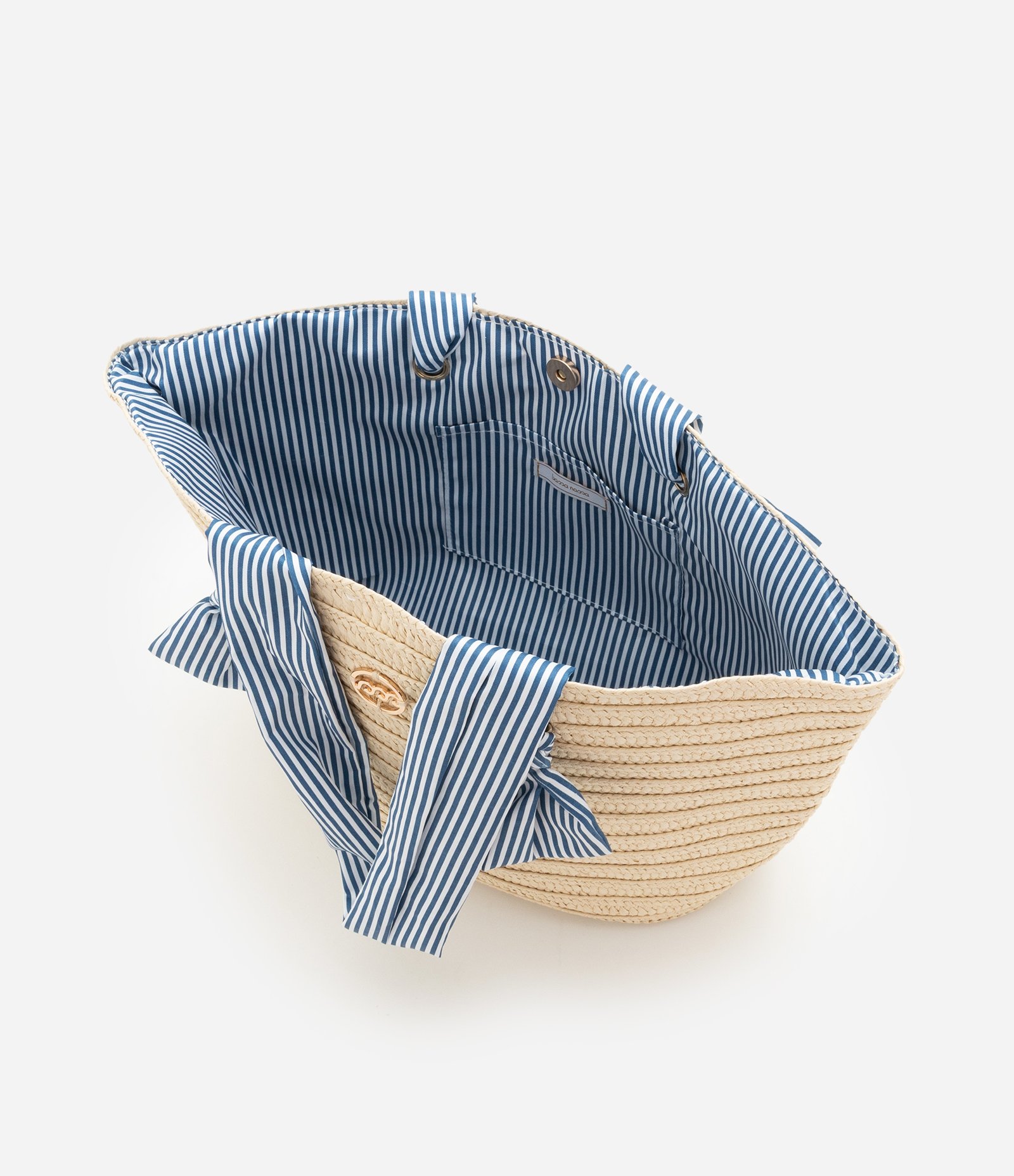 Bolsa de Palha com Alça e Forro de Tecido Listrado Bege 6