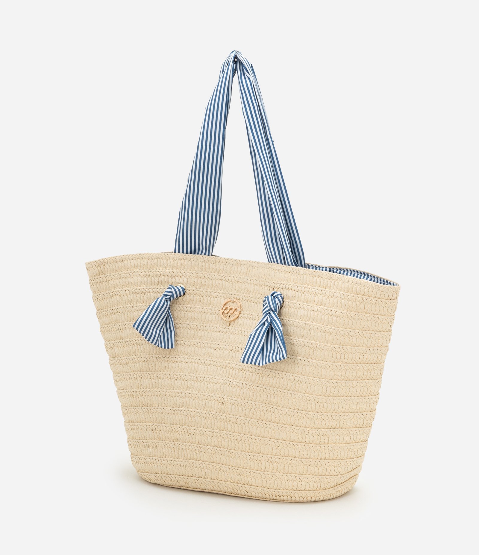 Bolsa de Palha com Alça e Forro de Tecido Listrado Bege 7