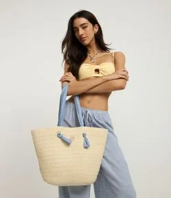Bolsa de Palha com Alça e Forro de Tecido Listrado