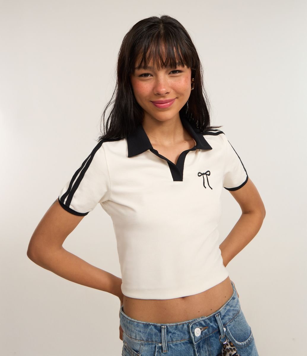 Blusa Polo em Algodão com Bordado de Lacinho Branco