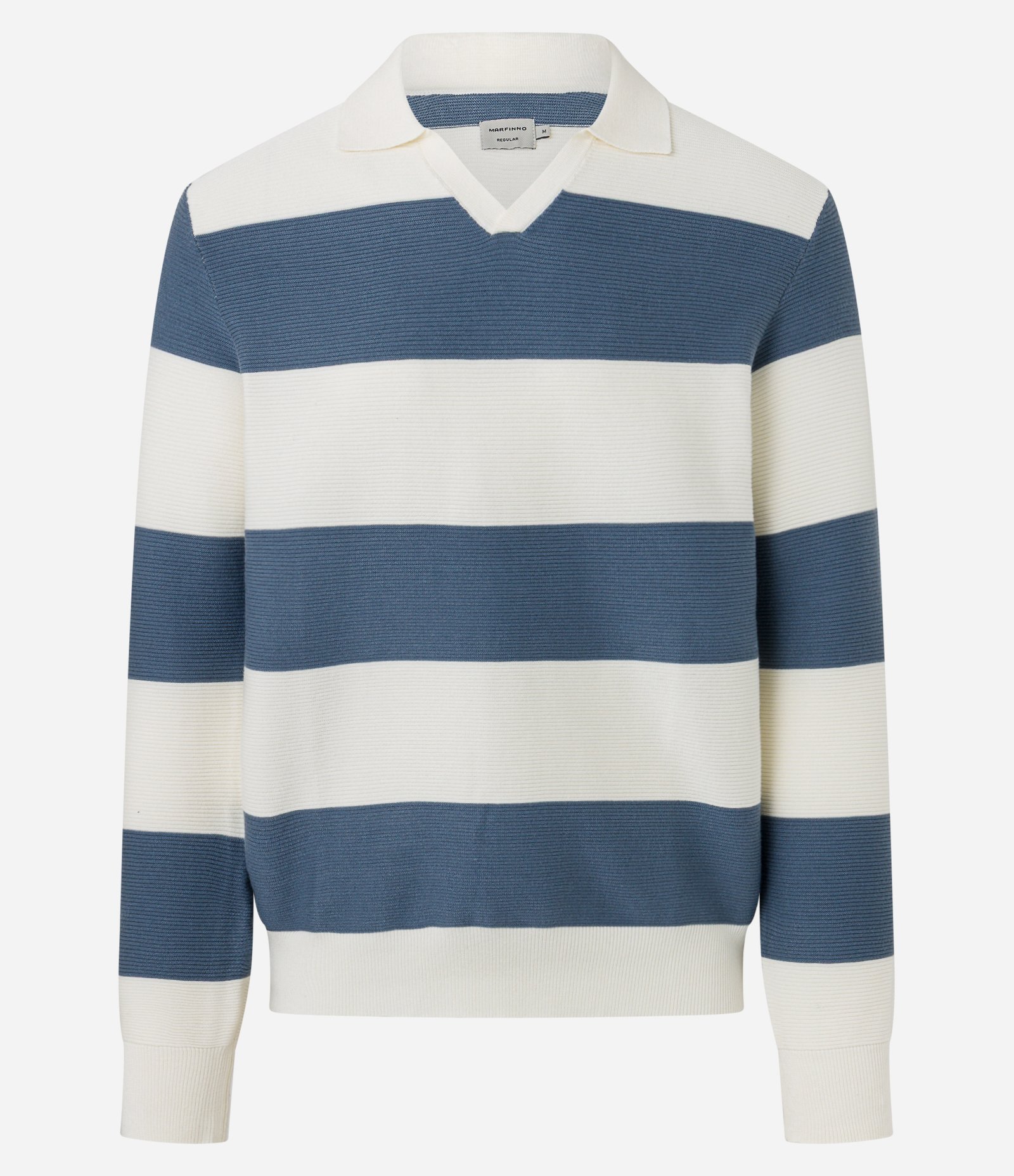 Blusão em Viscose Meia Malha com Gola Lapela e Estampa Listrada Azul/Branco 1