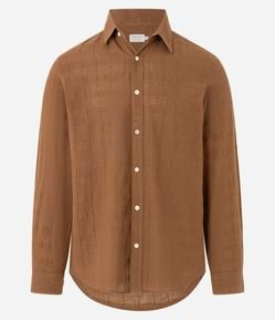 Camisa Regular em Linho com Textura Grid e Manga Longa