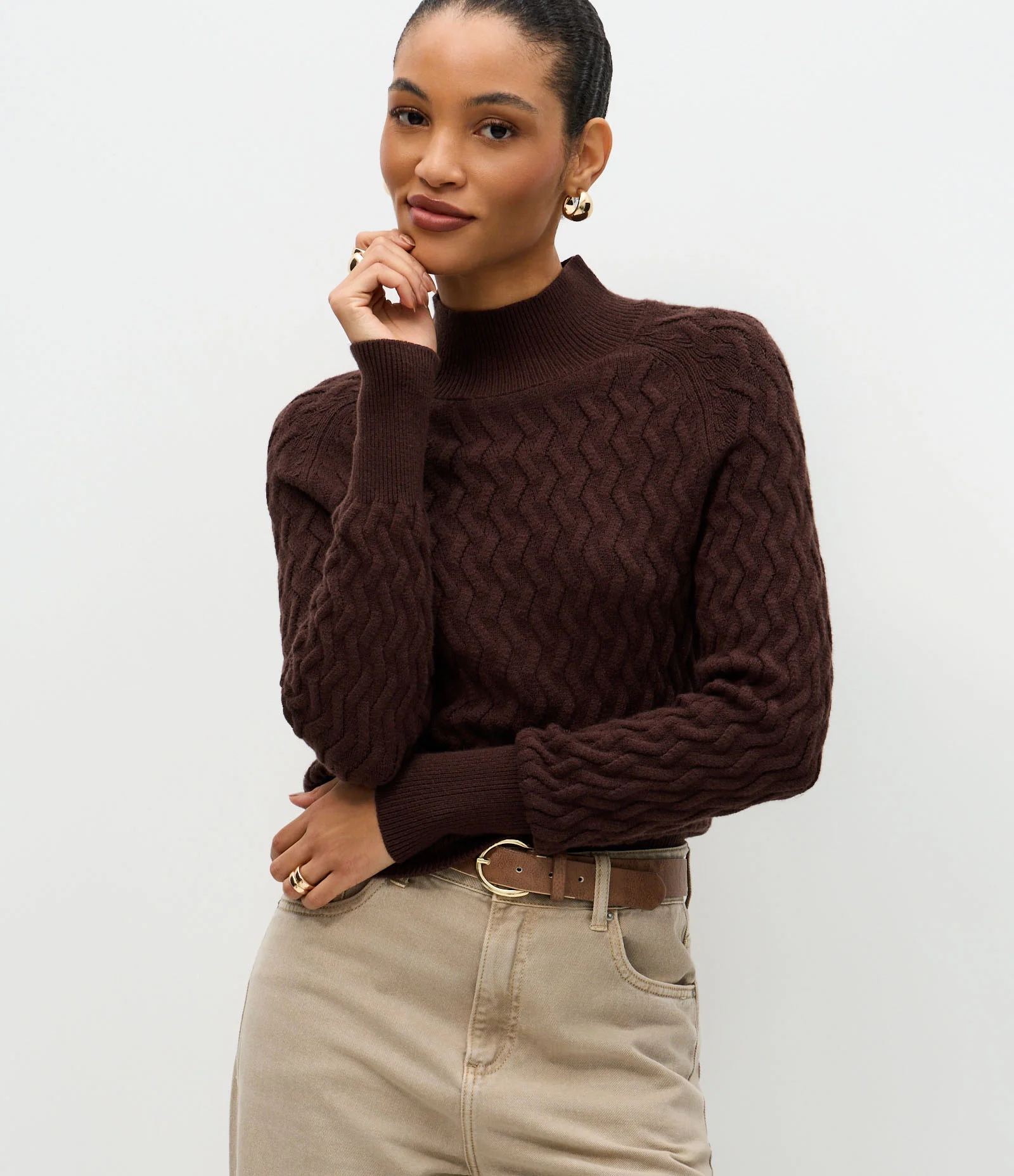 Suéter em Tricô com Textura Zig Zag Marrom 1