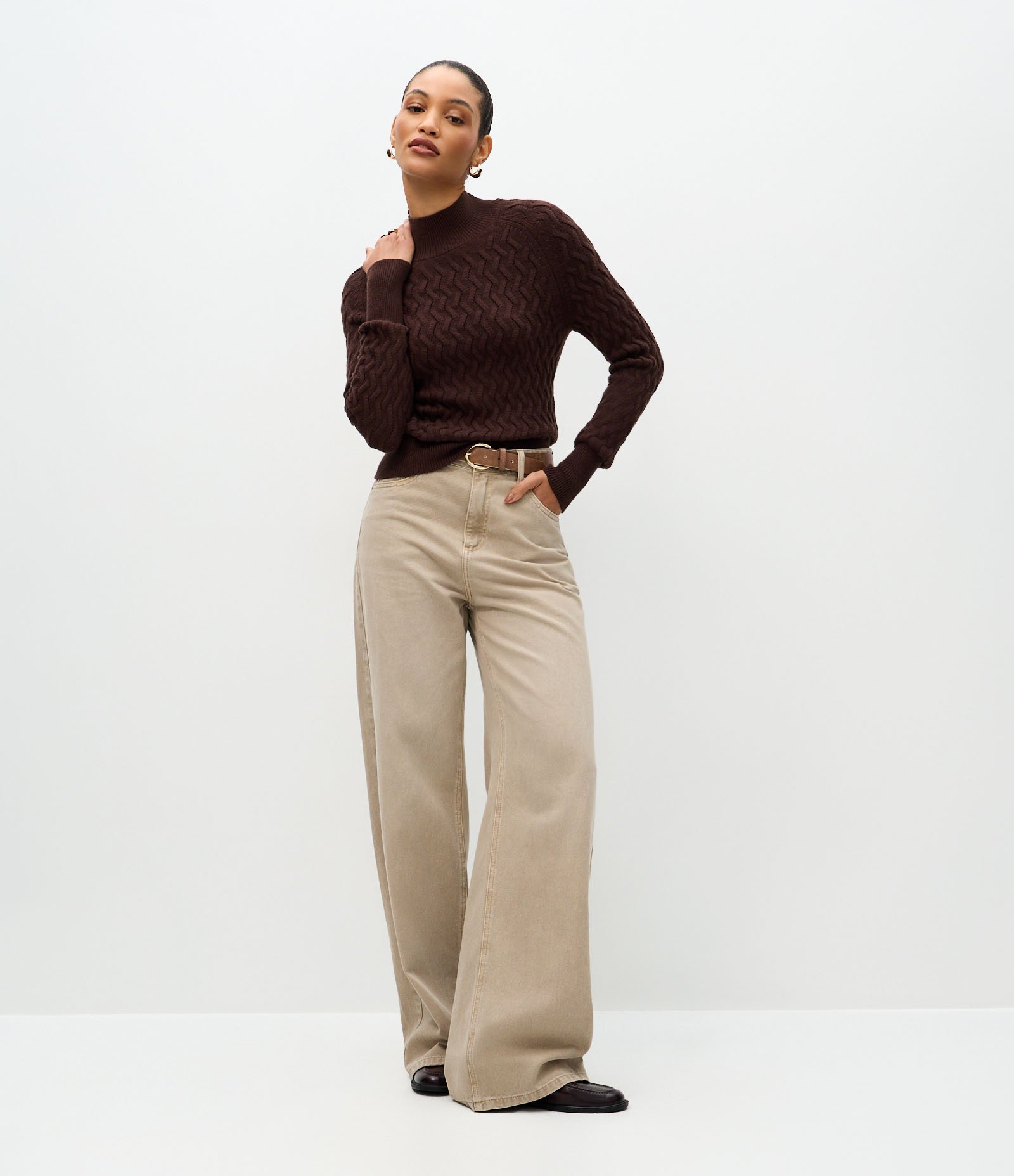 Suéter em Tricô com Textura Zig Zag Marrom 2