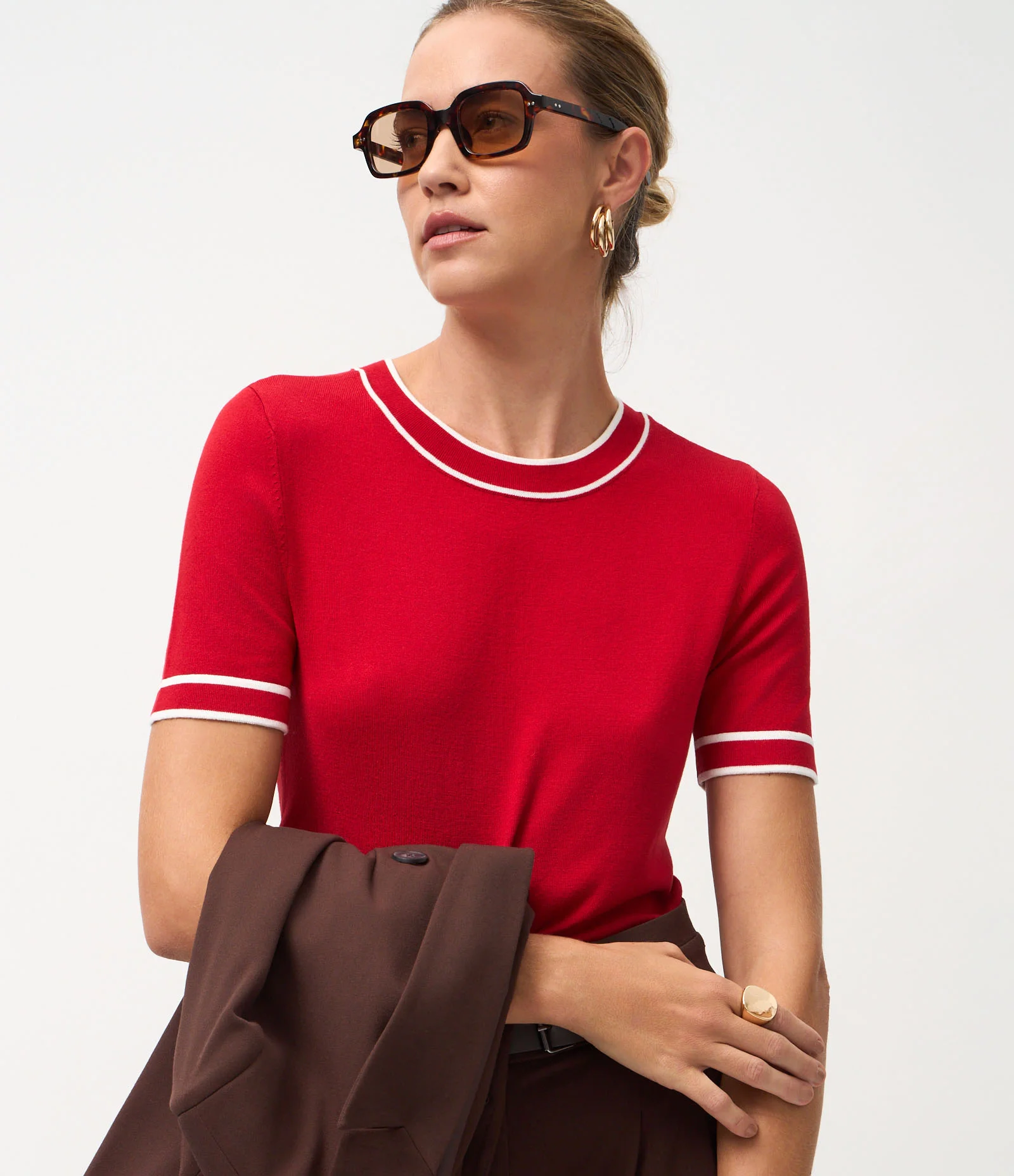 Blusa Regular em Tricô com Viés Contrastantes Vermelho 1