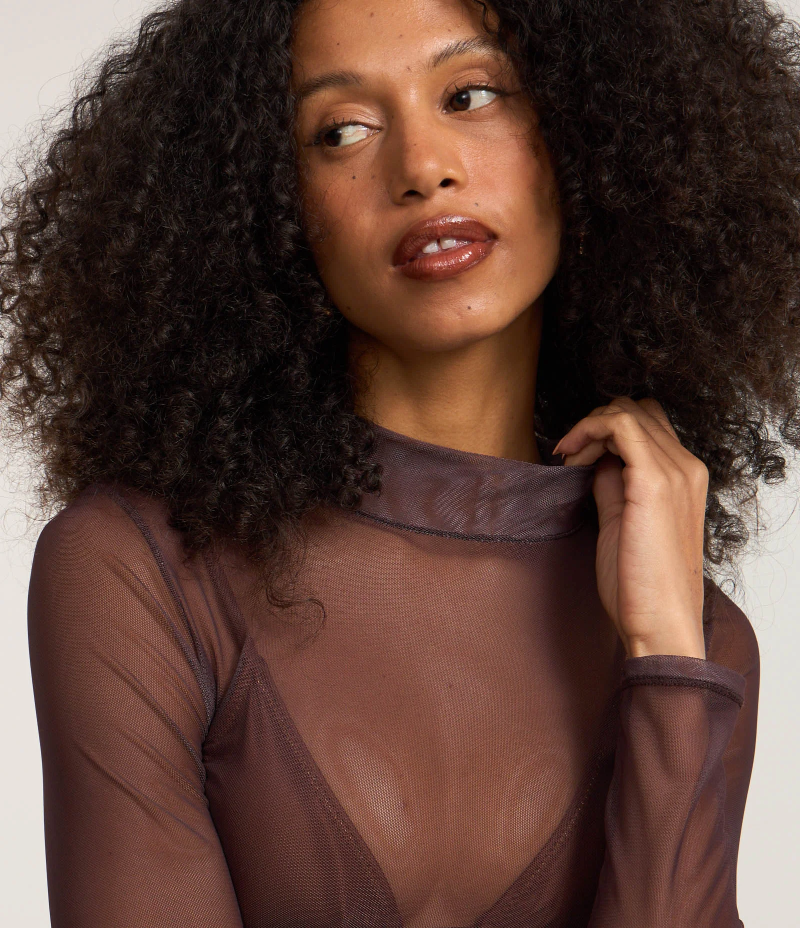 Blusa em Tule com Transparência e Gola Alta Marrom 1