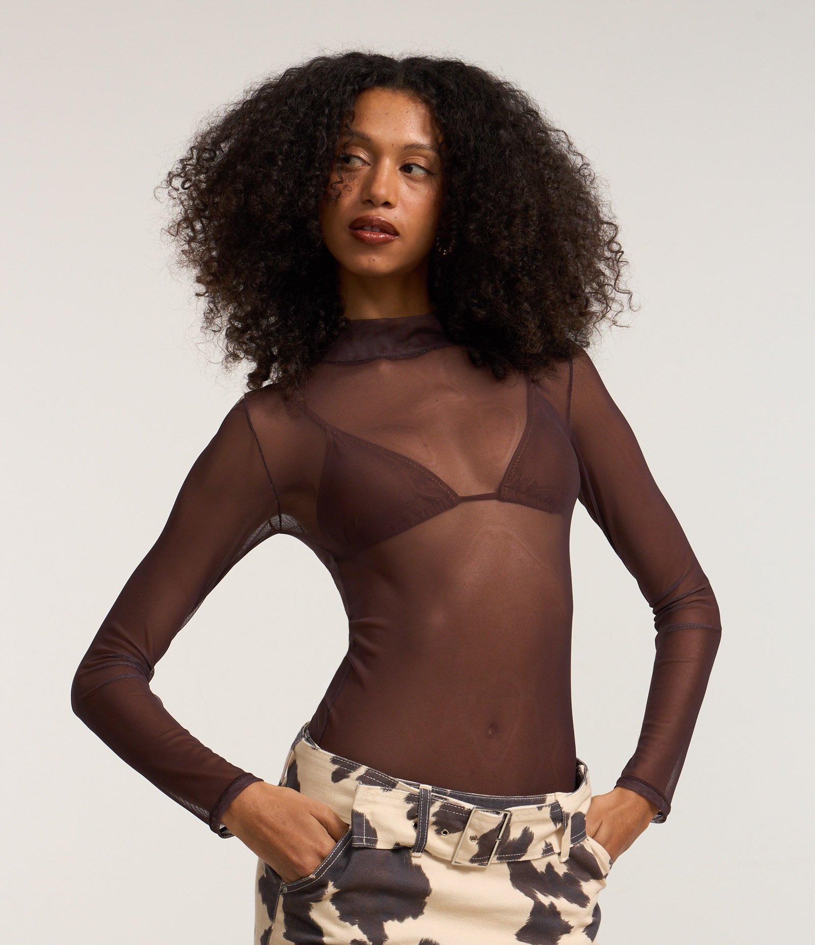 Blusa em Tule com Transparência e Gola Alta Marrom 3