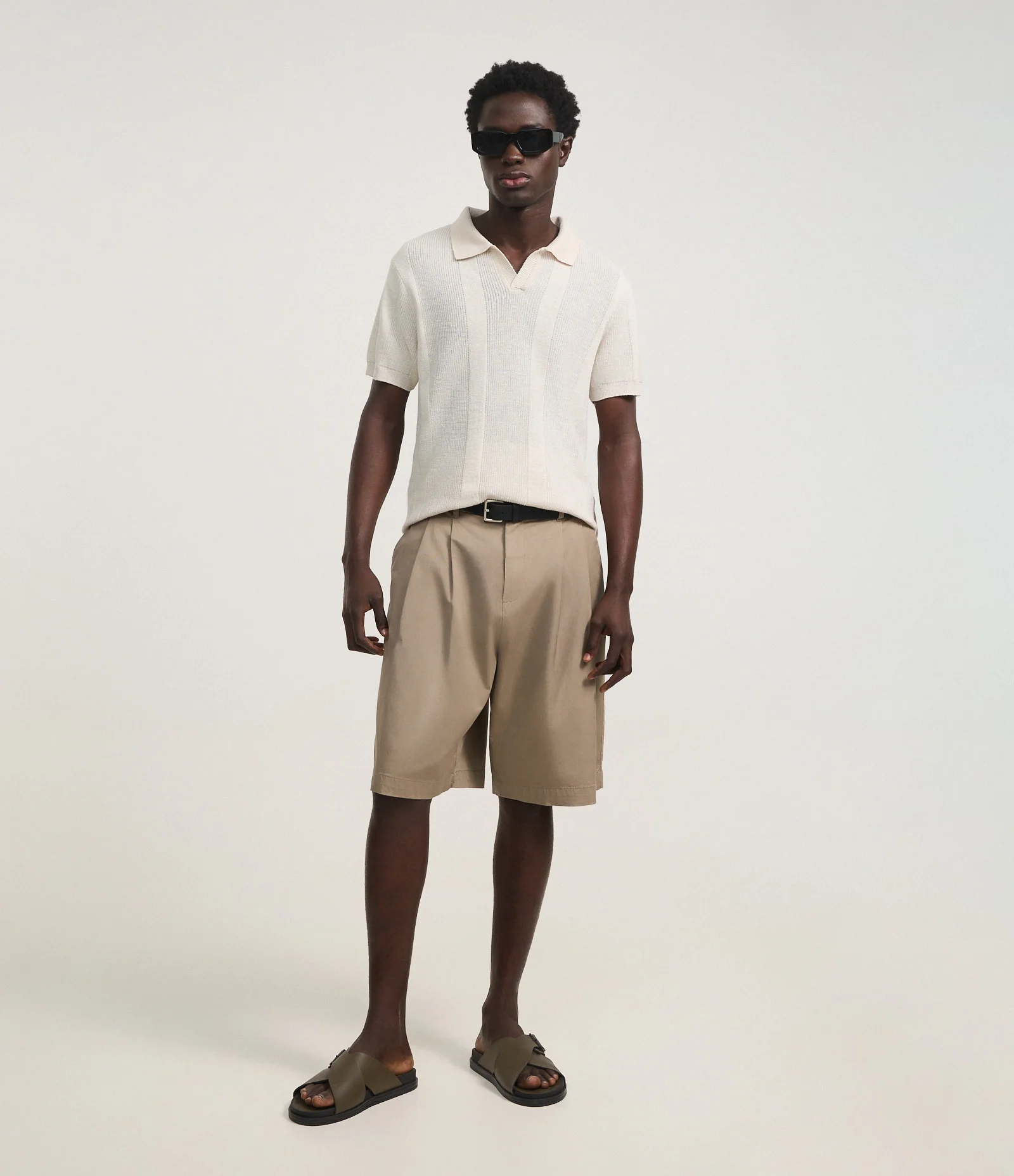 Camisa Polo em Tricô com Efeito de Listras Bege 2