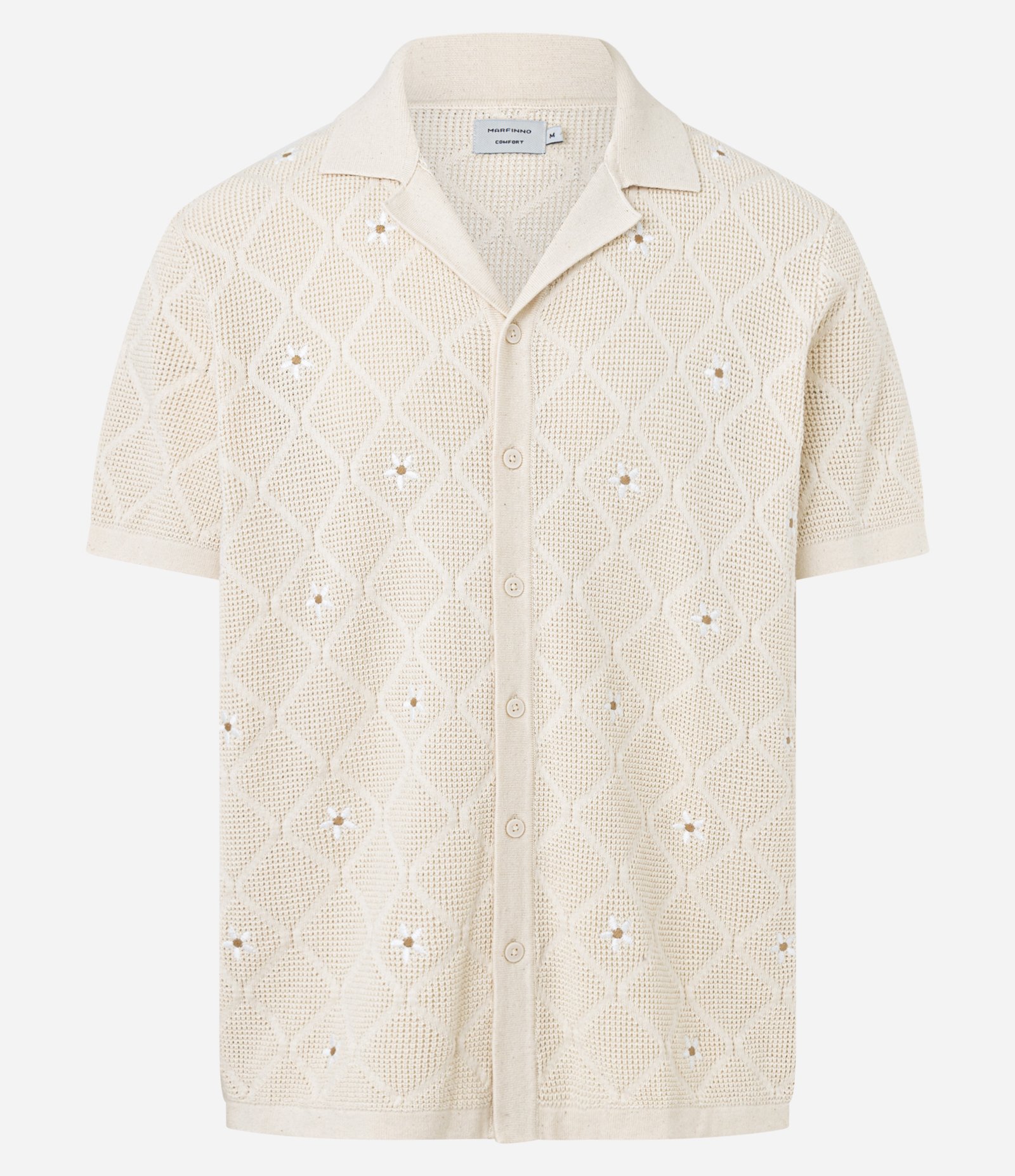 Camisa Comfort em Algodão com Efeito Tricô e Bordado em Flores Branco 1