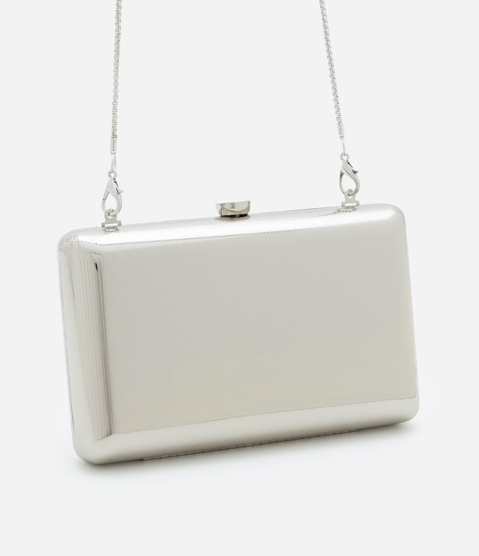 Bolsa Clutch Pequena Metalizada com Alças de Corrente Prata 1