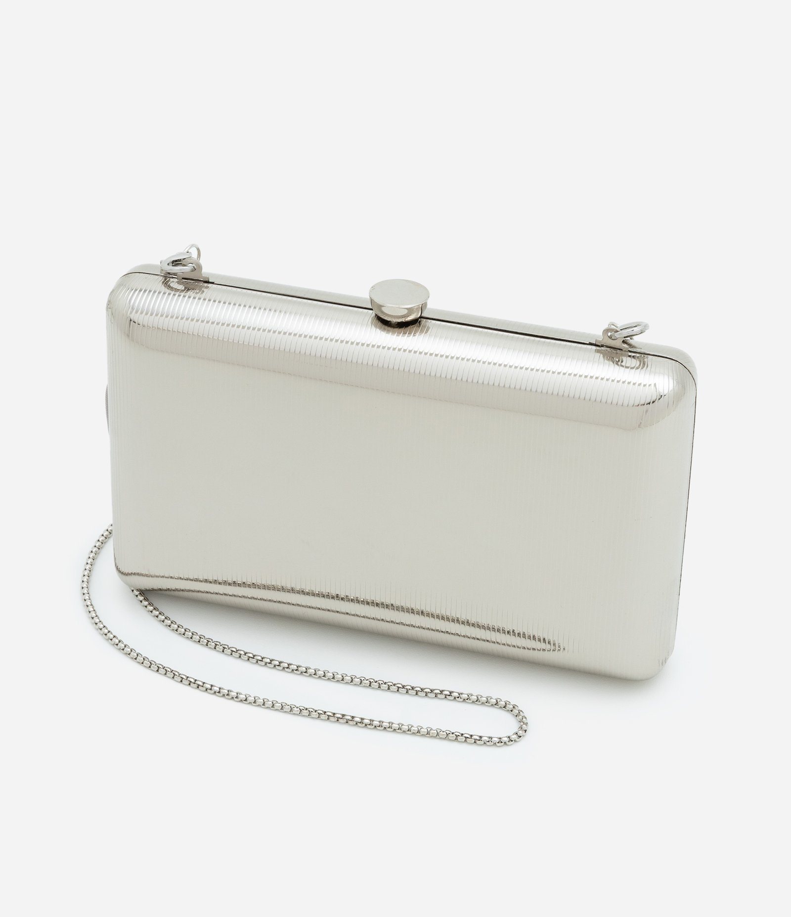 Bolsa Clutch Pequena Metalizada com Alças de Corrente Prata 4