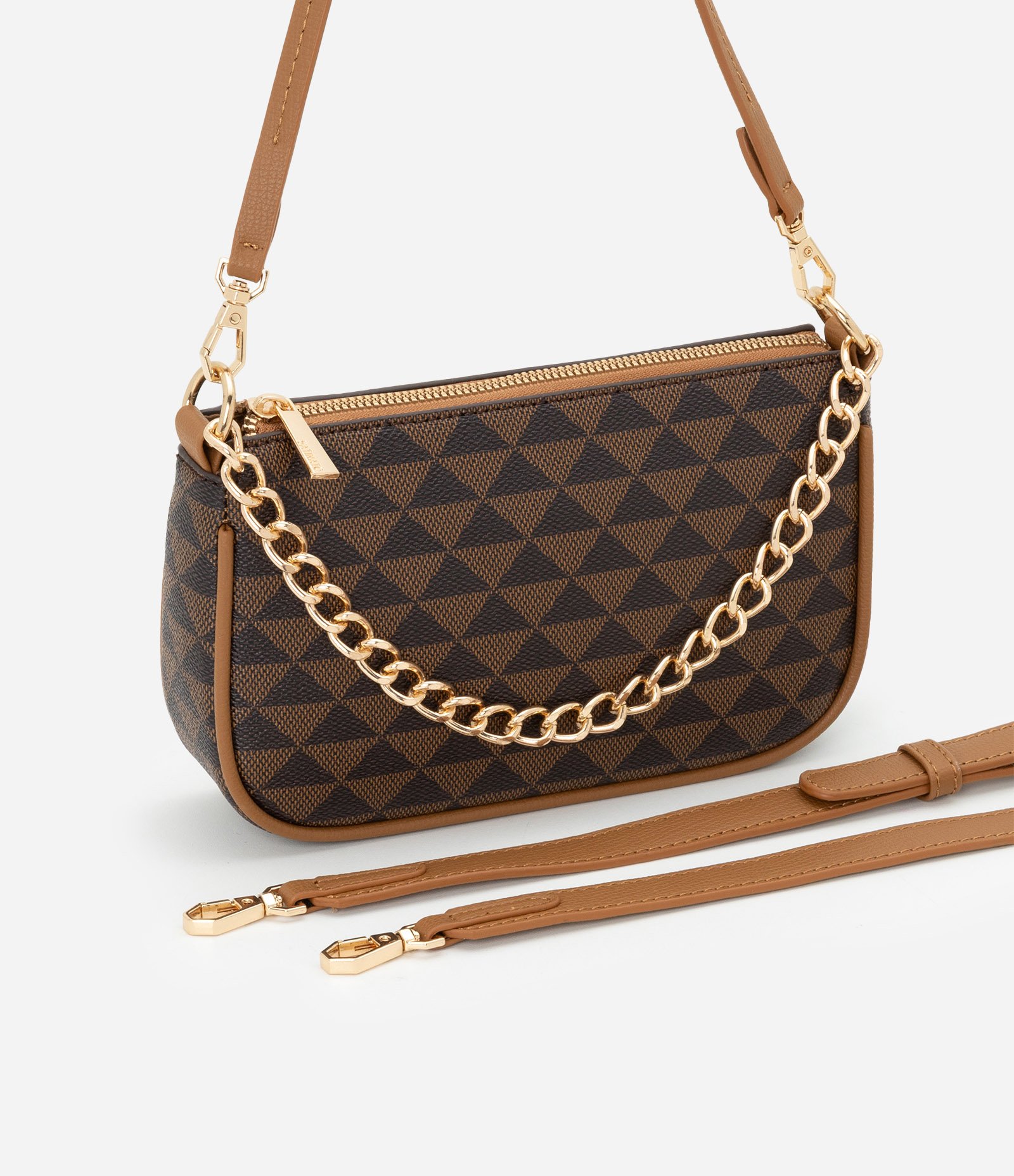 Bolsa Baguete Pequena com Detalhes Correntes e Estampa Triangular Marrom 8